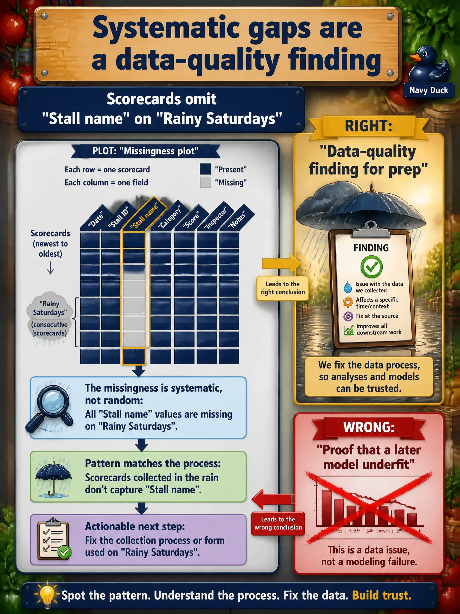 To Create an exciting colorful infographic that explains the concepts in the question: Question: A farmers-market inspector's scorecards omit the stall name on rainy Saturdays. A missingness plot shows that pattern. How should the desk read it? Correct Answer: Systematic gaps are a data-quality finding for prep, not proof that a later model underfit. Put EVERY visible label in double quotes. No people. No A/B/C/D letters. In one of the four corners put a little "Navy Duck".