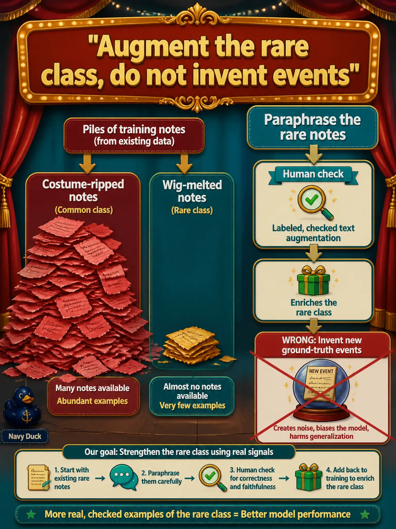 To Create an exciting colorful infographic that explains the concepts in the question: Question: A community-theater costume shop has plenty of costume-ripped notes and almost no wig-melted notes. Staff propose paraphrasing the rare notes with a human check. What is that step? Correct Answer: Labeled, checked text augmentation enriches the rare class; it does not invent new ground-truth events. Put EVERY visible label in double quotes. No people. No A/B/C/D letters. In one of the four corners put a little "Navy Duck".