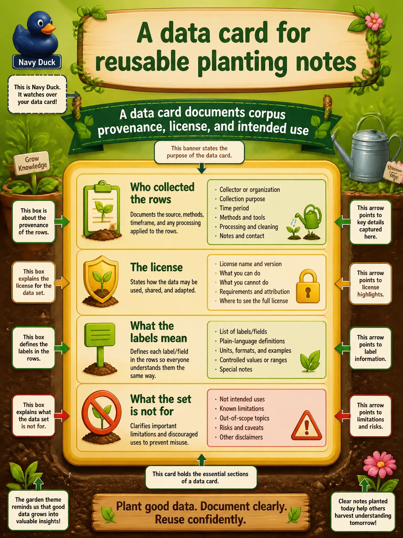 To Create an exciting colorful infographic that explains the concepts in the question: Question: A municipal tree-nursery wants other desks to reuse their labeled planting notes. What short document records who collected the rows, the license, what the labels mean, and what the set is not for? Correct Answer: A data card documents corpus provenance, license, and intended use. Put EVERY visible label in double quotes. No people. No A/B/C/D letters. In one of the four corners put a little "Navy Duck".
