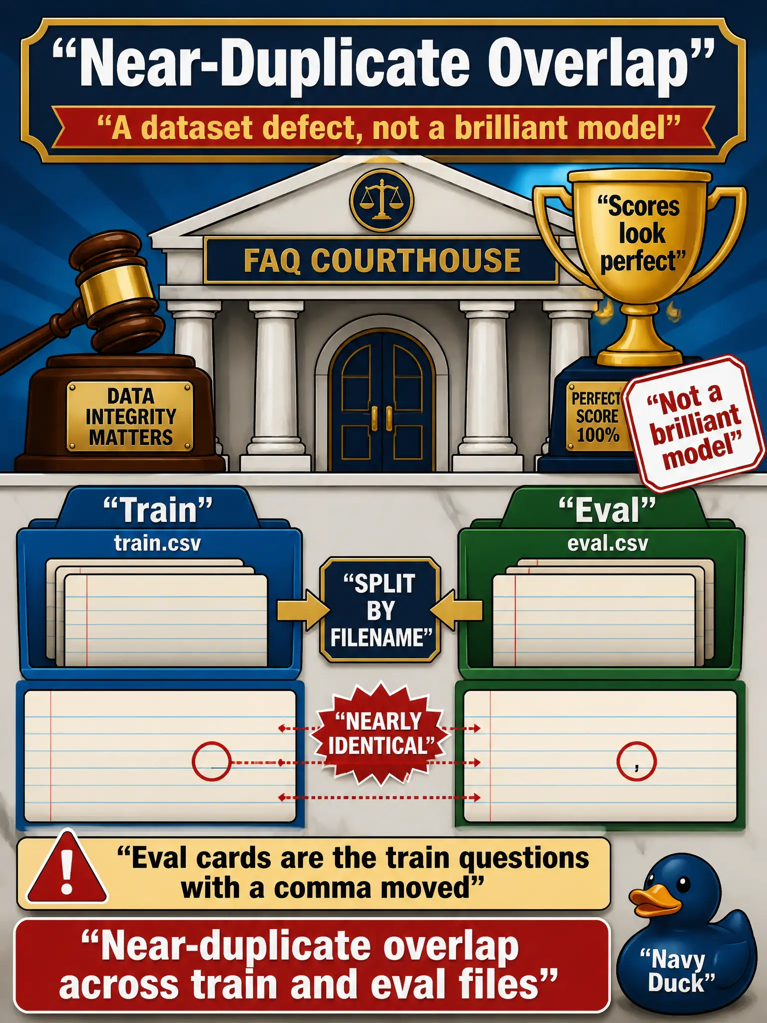 To Create an exciting colorful infographic that explains the concepts in the question: Question: A courthouse FAQ set was split by filename. Many eval questions are the train questions with a comma moved, and scores look perfect. What is the issue? Correct Answer: Near-duplicate overlap across train and eval files is a dataset defect, not a brilliant model. Put EVERY visible label in double quotes. No people. No A/B/C/D letters. In one of the four corners put a little "Navy Duck".