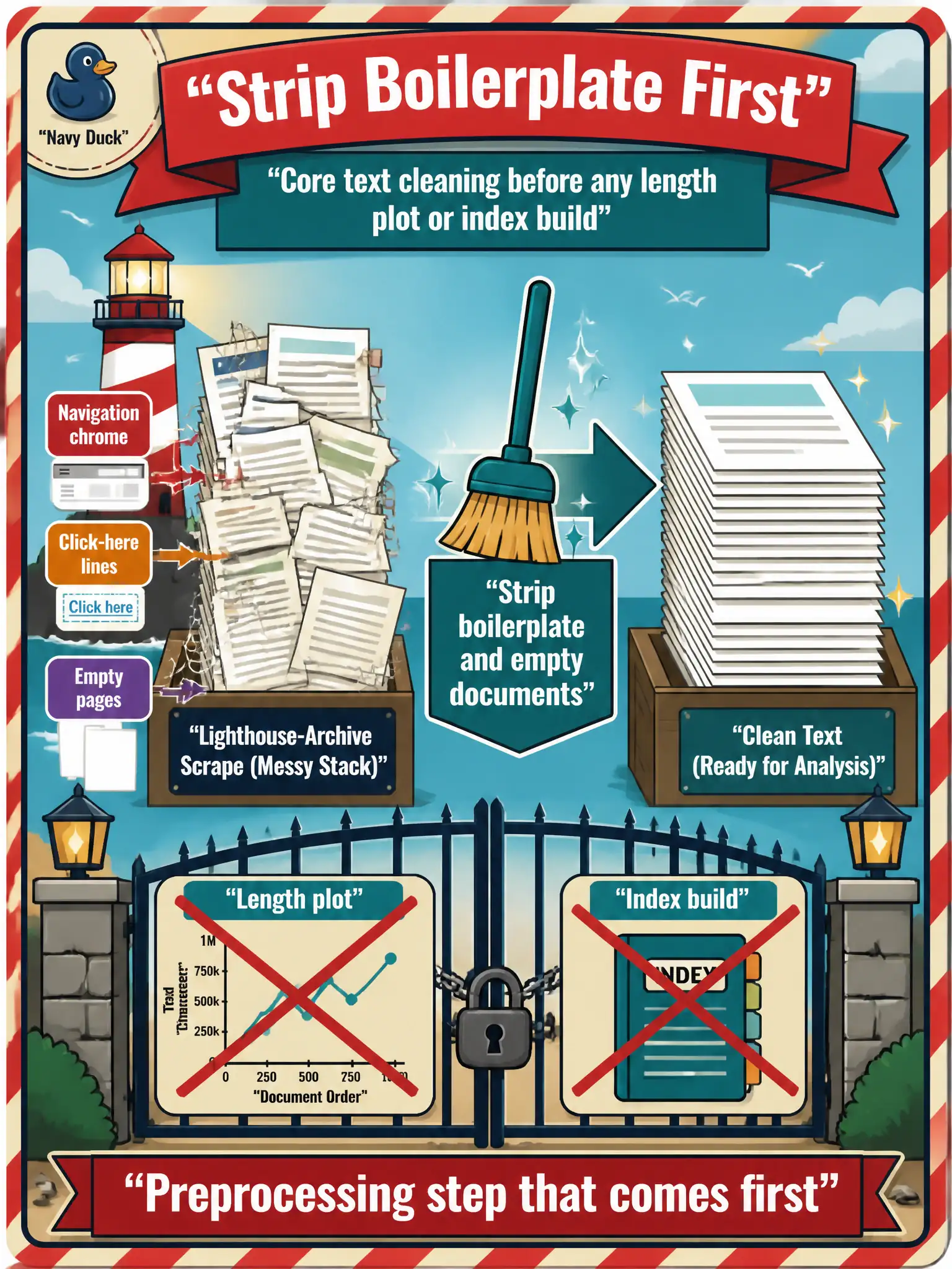 To Create an exciting colorful infographic that explains the concepts in the question: Question: A lighthouse-archive scrape keeps navigation chrome, click-here lines, and empty pages. What preprocessing step comes before any length plot or index build? Correct Answer: Strip boilerplate and empty documents as core text cleaning. Put EVERY visible label in double quotes. No people. No A/B/C/D letters. In one of the four corners put a little "Navy Duck".