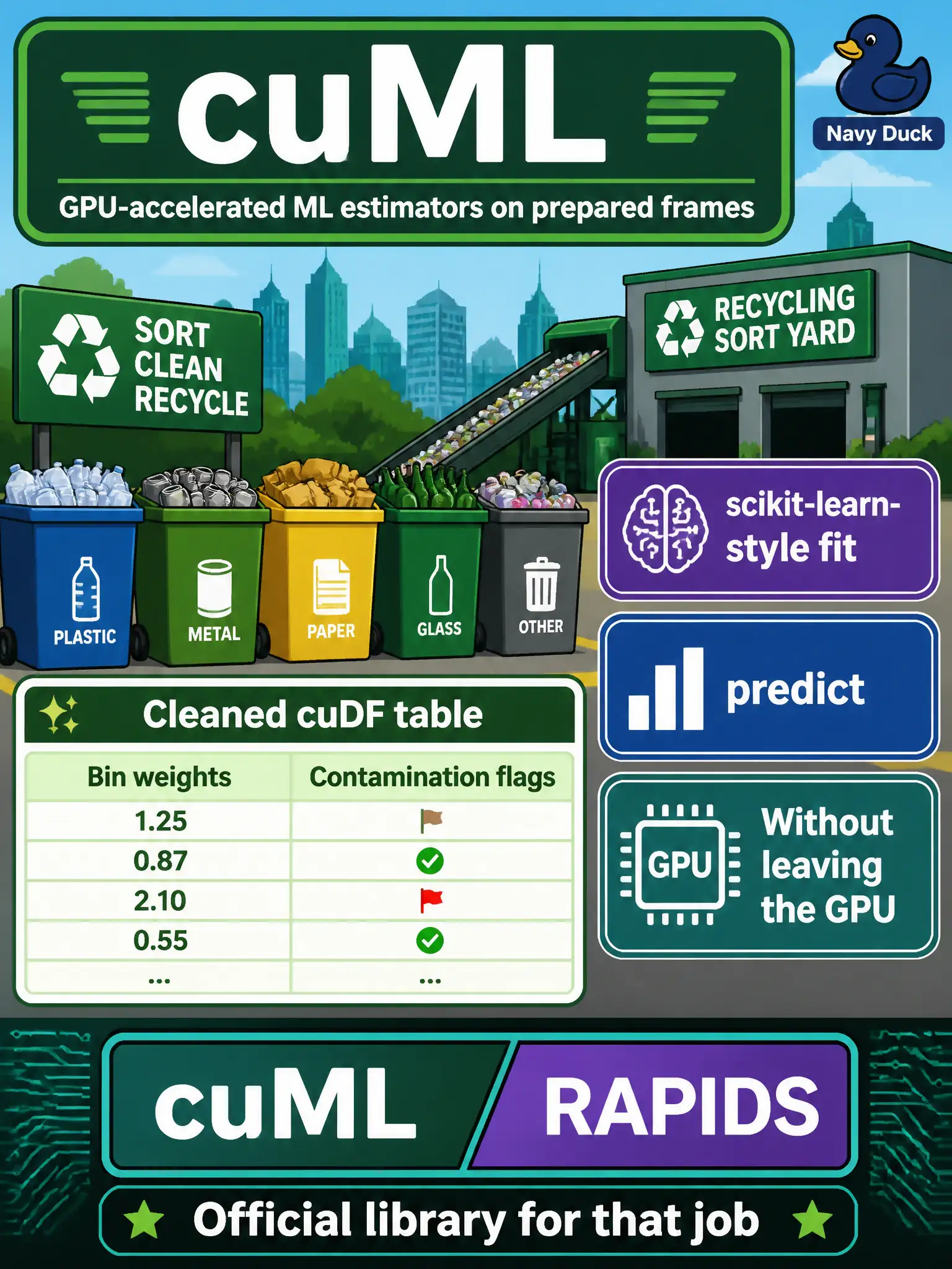 To Create an exciting colorful infographic that explains the concepts in the question: Question: A city recycling-sort yard already has a cleaned cuDF table of bin weights and contamination flags. Staff want scikit-learn-style fit and predict without leaving the GPU. Which official library is that? Correct Answer: cuML, the RAPIDS library for GPU-accelerated ML estimators on prepared frames. Put EVERY visible label in double quotes. No people. No A/B/C/D letters. In one of the four corners put a little "Navy Duck".