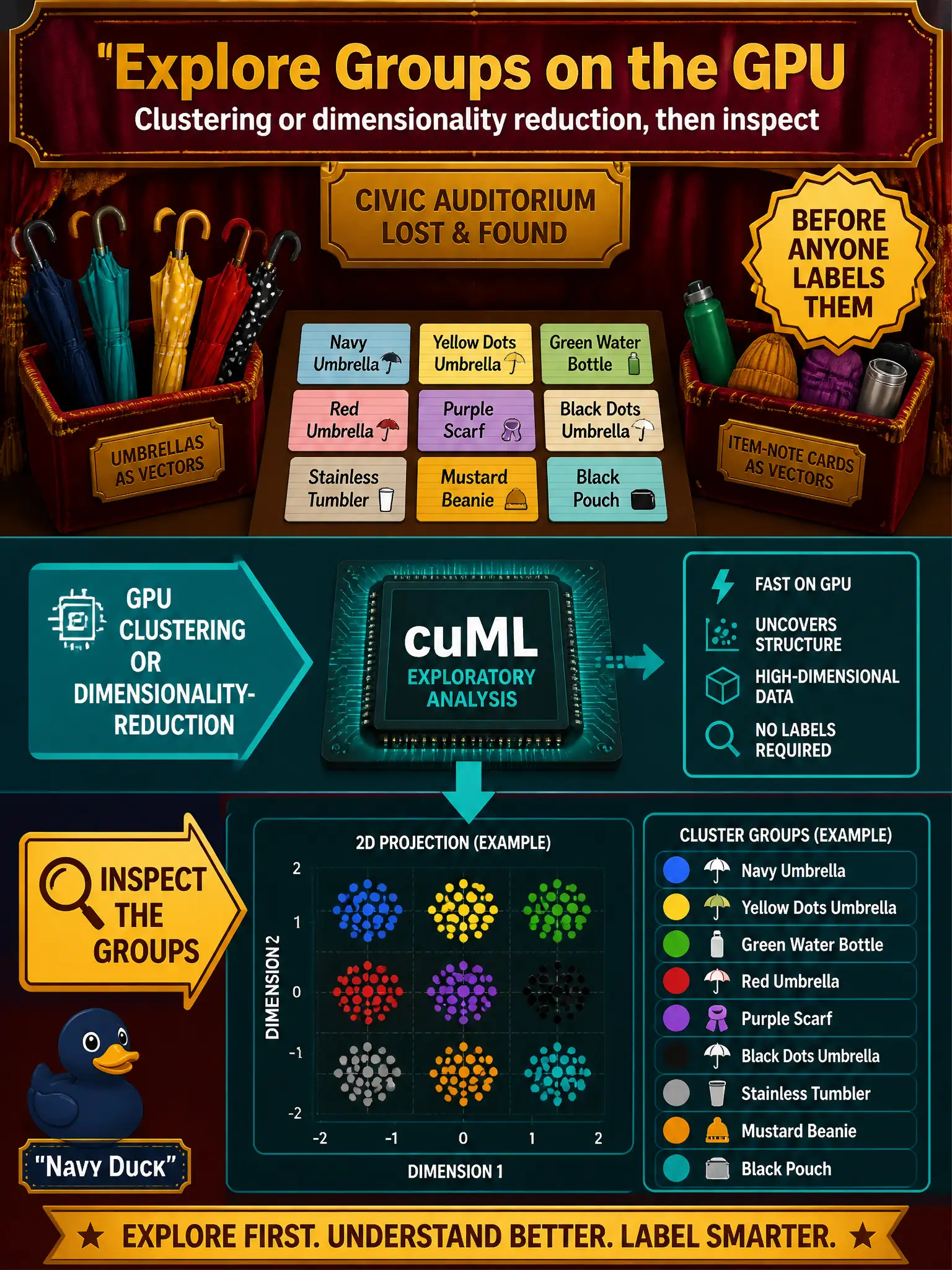To Create an exciting colorful infographic that explains the concepts in the question: Question: A civic-auditorium lost-and-found encodes item notes and wants to look at groups before anyone labels them. How should they explore that structure on the GPU? Correct Answer: Run a GPU clustering or dimensionality-reduction step with cuML as exploratory analysis, then inspect the groups. Put EVERY visible label in double quotes. No people. No A/B/C/D letters. In one of the four corners put a little "Navy Duck".