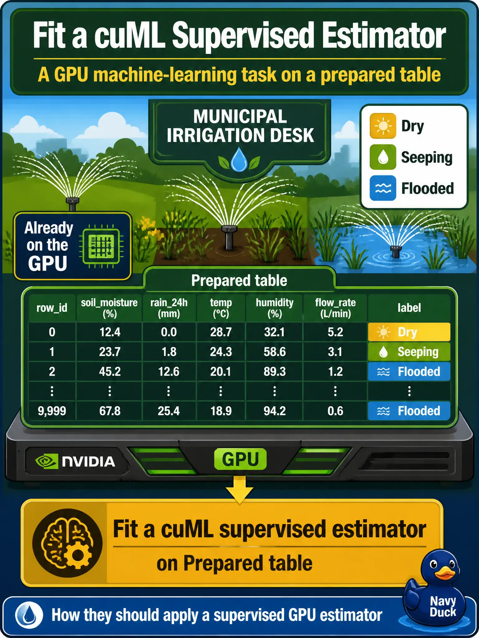 To Create an exciting colorful infographic that explains the concepts in the question: Question: A municipal irrigation desk has labeled dry, seeping, and flooded sensor rows already on the GPU. How should they apply a supervised GPU estimator? Correct Answer: Fit a cuML supervised estimator on that prepared table as a GPU machine-learning task. Put EVERY visible label in double quotes. No people. No A/B/C/D letters. In one of the four corners put a little "Navy Duck".