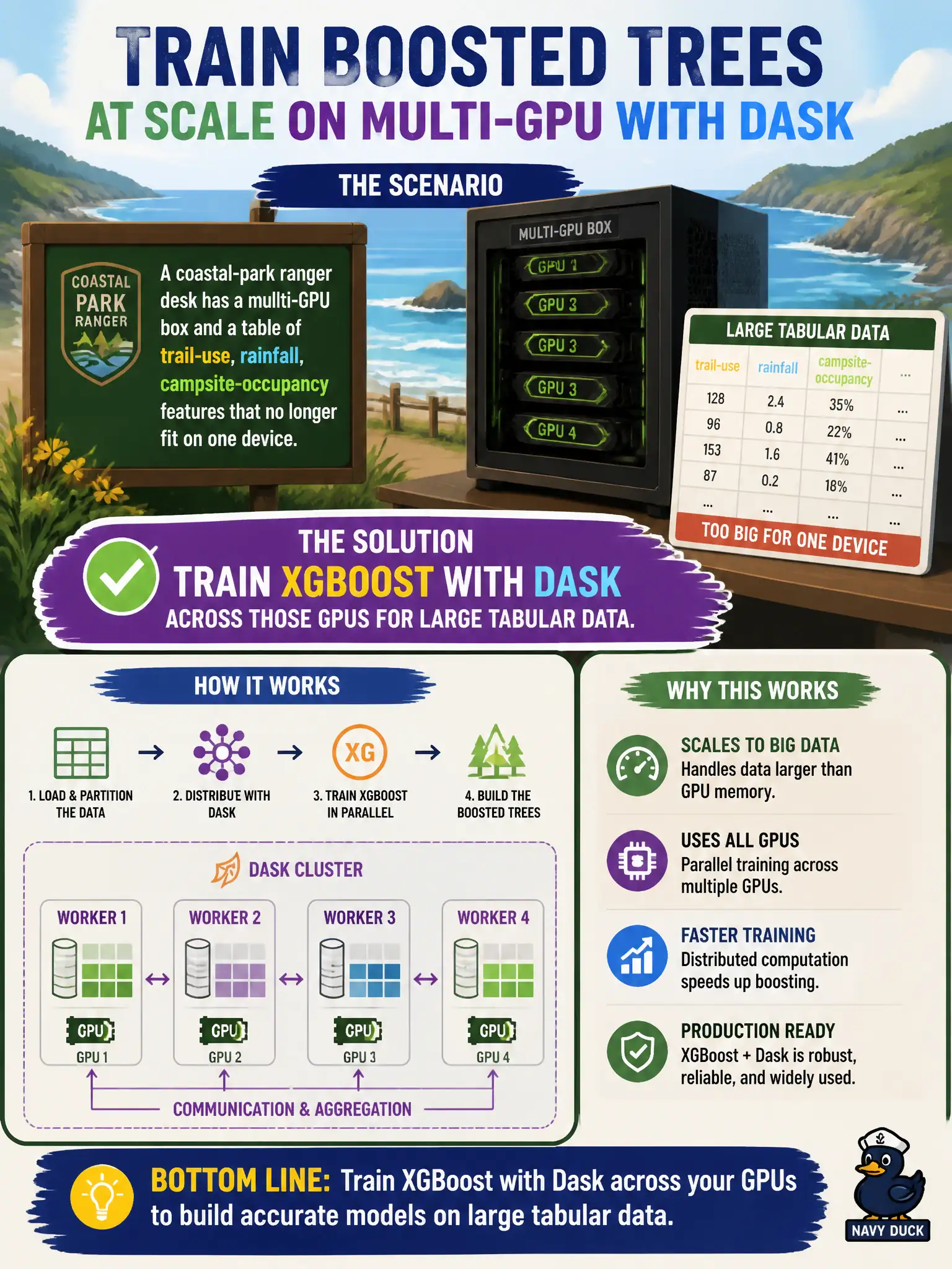 To Create an exciting colorful infographic that explains the concepts in the question: Question: A coastal-park ranger desk has a multi-GPU box and a table of trail-use, rainfall, and campsite-occupancy features that no longer fit on one device. How should they train boosted trees at that scale? Correct Answer: Train XGBoost with Dask across those GPUs for large tabular data. Put EVERY visible label in double quotes. No people. No A/B/C/D letters. In one of the four corners put a little "Navy Duck".