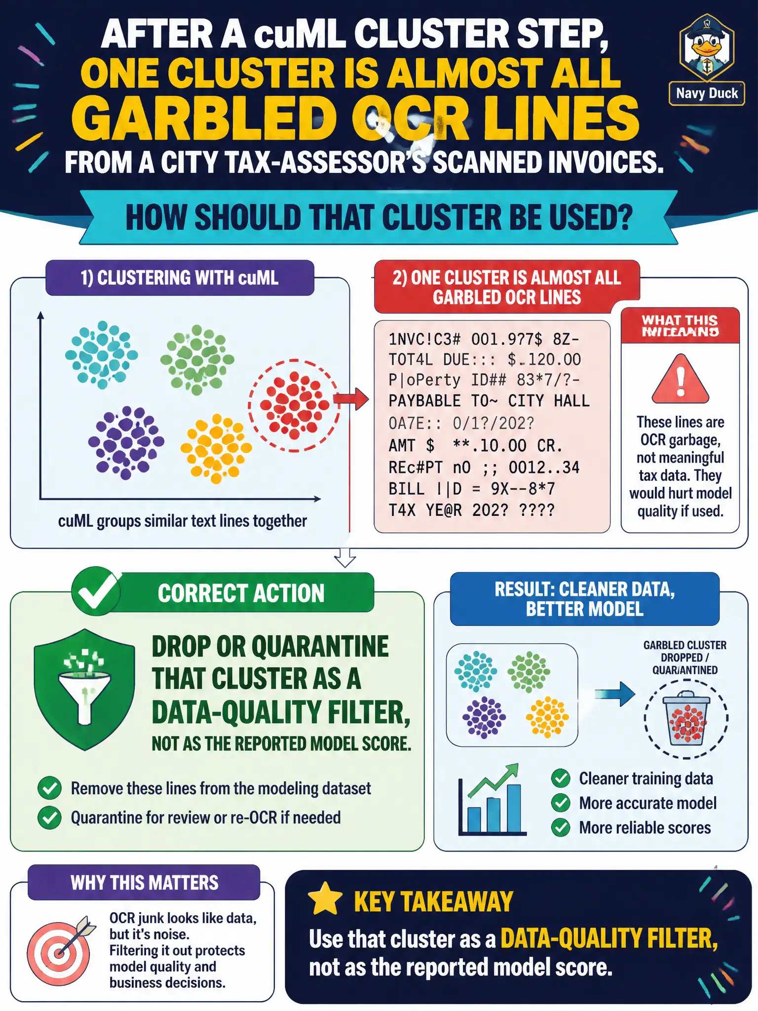 To Create an exciting colorful infographic that explains the concepts in the question: Question: After a cuML cluster step, one cluster is almost all garbled OCR lines from a city tax-assessor's scanned invoices. How should that cluster be used? Correct Answer: Drop or quarantine that cluster as a data-quality filter, not as the reported model score. Put EVERY visible label in double quotes. No people. No A/B/C/D letters. In one of the four corners put a little "Navy Duck".