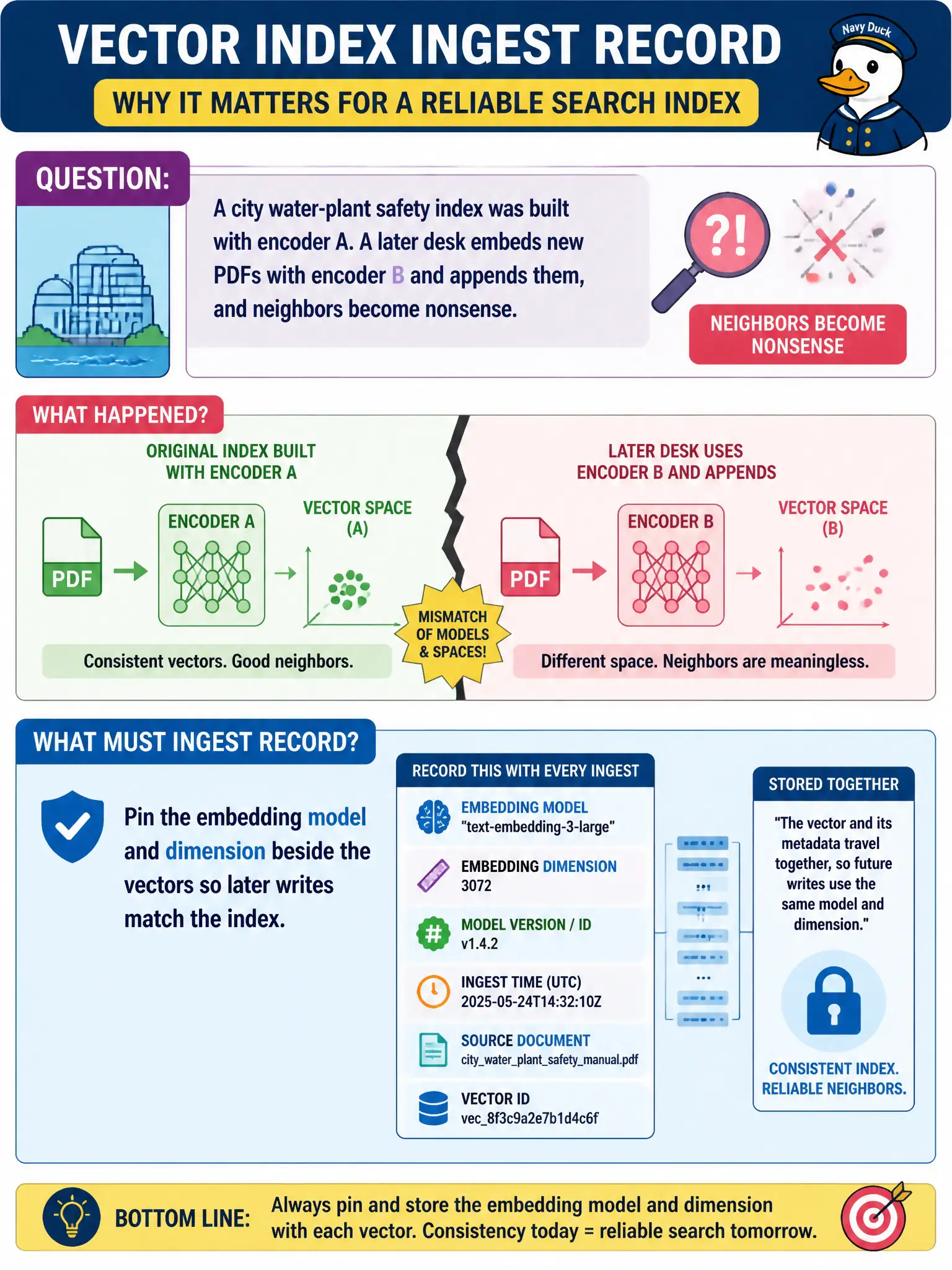 To Create an exciting colorful infographic that explains the concepts in the question: Question: A city water-plant safety index was built with encoder A. A later desk embeds new PDFs with encoder B and appends them, and neighbors become nonsense. What must ingest record? Correct Answer: Pin the embedding model and dimension beside the vectors so later writes match the index. Put EVERY visible label in double quotes. No people. No A/B/C/D letters. In one of the four corners put a little "Navy Duck".