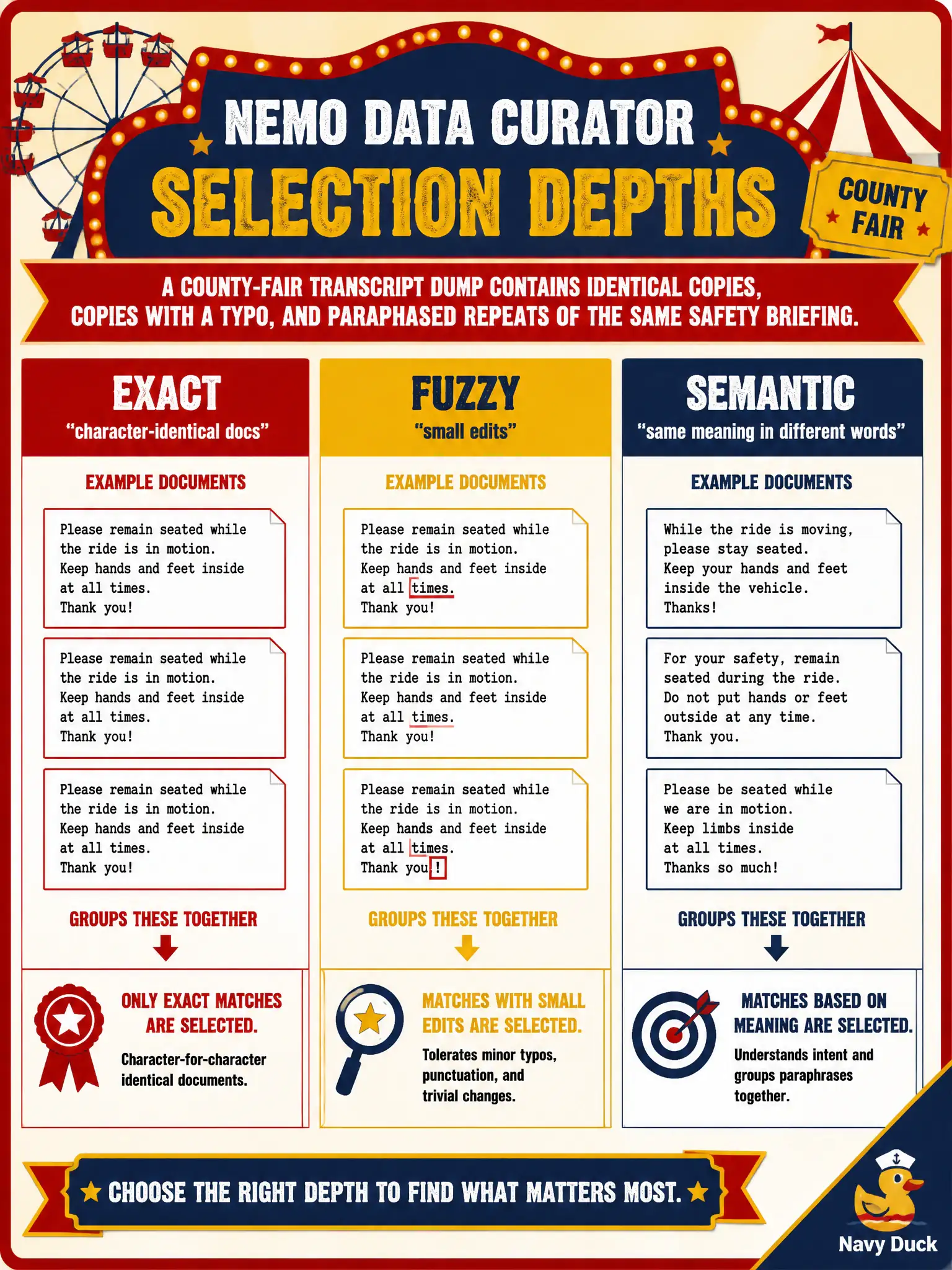 To Create an exciting colorful infographic that explains the concepts in the question: Question: A county-fair transcript dump contains identical copies, copies with a typo, and paraphrased repeats of the same safety briefing. How does NeMo Data Curator distinguish those at selection depth? Correct Answer: Exact for character-identical docs, fuzzy for small edits, and semantic for the same meaning in different words. Put EVERY visible label in double quotes. No people. No A/B/C/D letters. In one of the four corners put a little "Navy Duck".