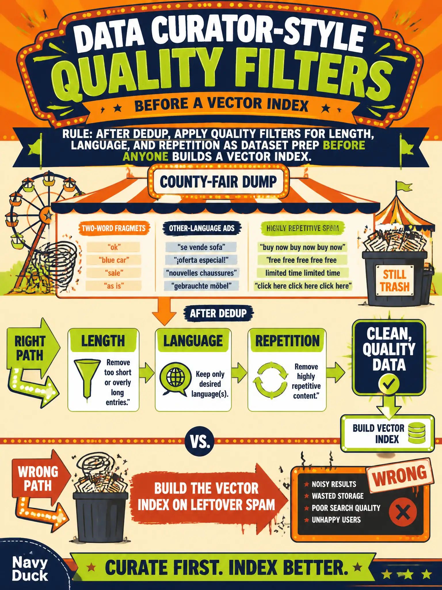 To Create an exciting colorful infographic that explains the concepts in the question: Question: After dedup, a county-fair dump still has two-word fragments, other-language ads, and highly repetitive spam. What should happen before anyone builds a vector index? Correct Answer: Apply Data Curator-style quality filters for length, language, and repetition as dataset prep. Put EVERY visible label in double quotes. No people. No A/B/C/D letters. In one of the four corners put a little "Navy Duck".