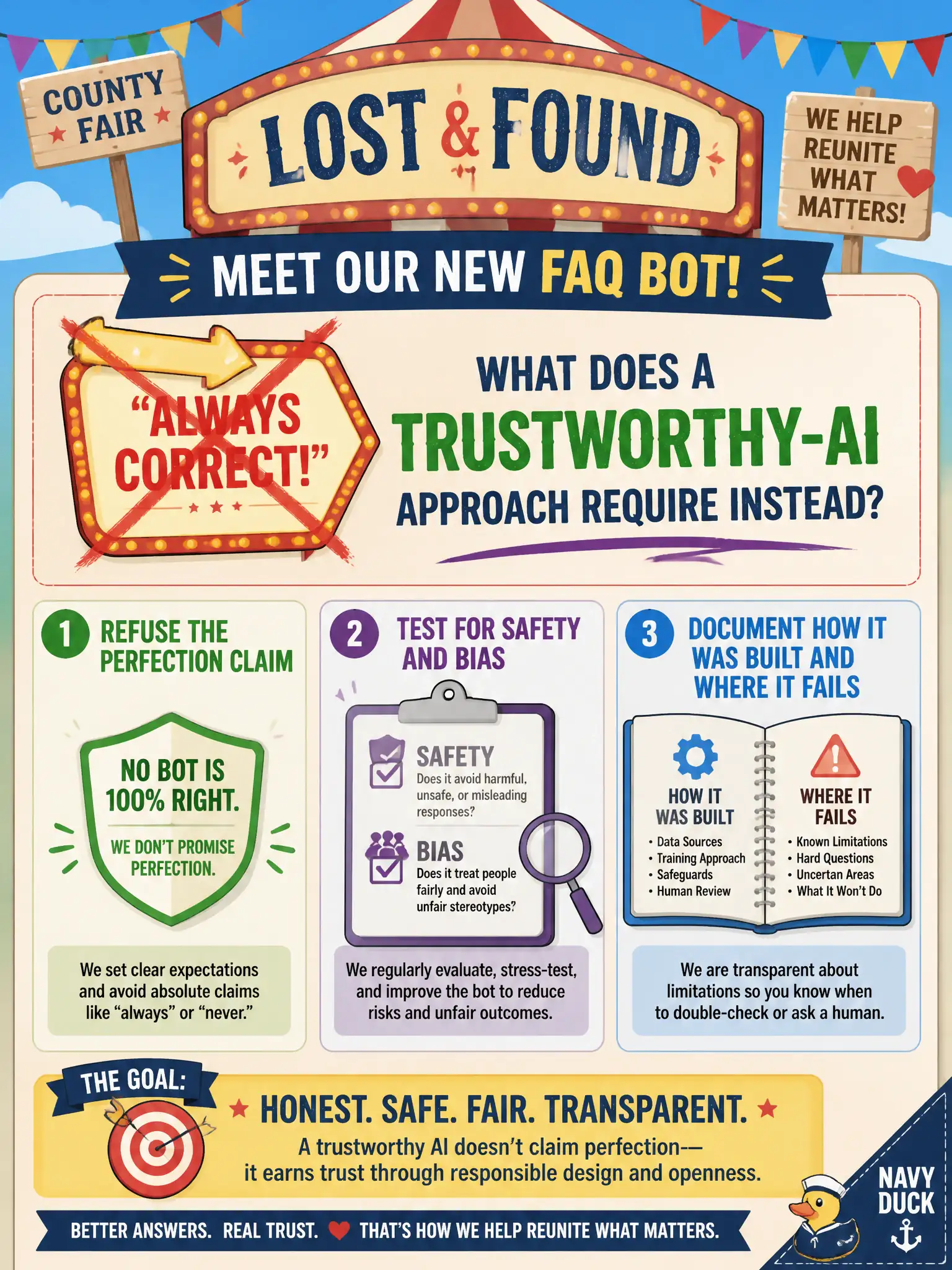 To Create an exciting colorful infographic that explains the concepts in the question: Question: A county-fair lost-and-found booth wants a flyer that calls their new FAQ bot “always correct.” What does a trustworthy-AI approach require instead? Correct Answer: Refuse the perfection claim; test the bot for safety and bias, then document how it was built and where it fails. Put EVERY visible label in double quotes. No people. No A/B/C/D letters. In one of the four corners put a little "Navy Duck".