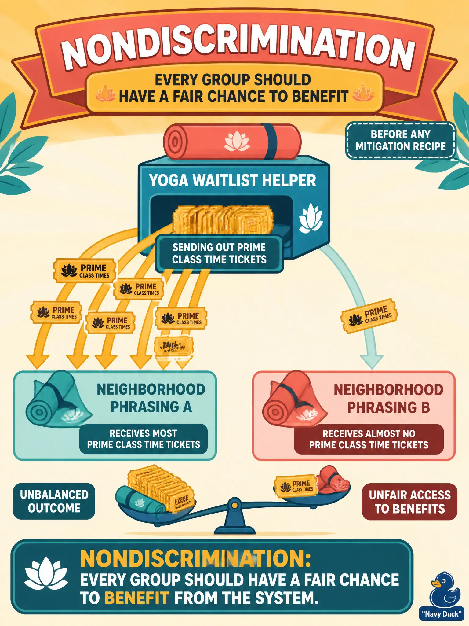 To Create an exciting colorful infographic that explains the concepts in the question: Question: A community-center yoga waitlist helper keeps offering prime class times to one neighborhood’s phrasing and almost none to another. Before any mitigation recipe, what principle is at issue? Correct Answer: Nondiscrimination: every group should have a fair chance to benefit from the system. Put EVERY visible label in double quotes. No people. No A/B/C/D letters. In one of the four corners put a little "Navy Duck".