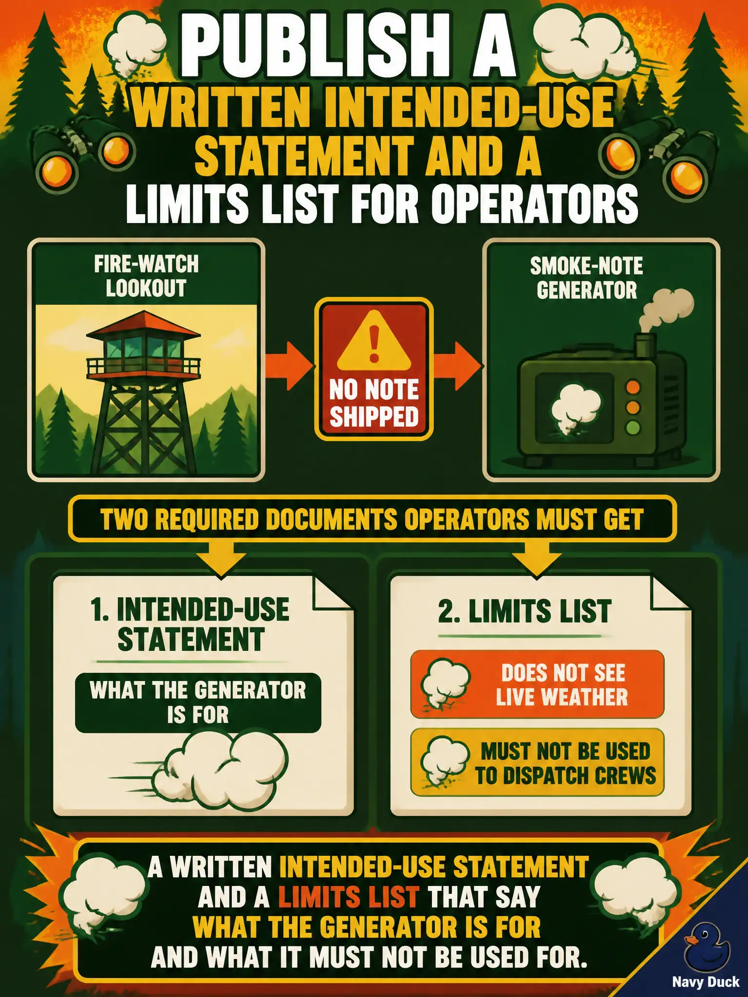 To Create an exciting colorful infographic that explains the concepts in the question: Question: A volunteer fire-watch lookout ships a smoke-note generator with no note that it does not see live weather and must not be used to dispatch crews. What must they publish for operators? Correct Answer: A written intended-use statement and a limits list that say what the generator is for and what it must not be used for. Put EVERY visible label in double quotes. No people. No A/B/C/D letters. In one of the four corners put a little "Navy Duck".