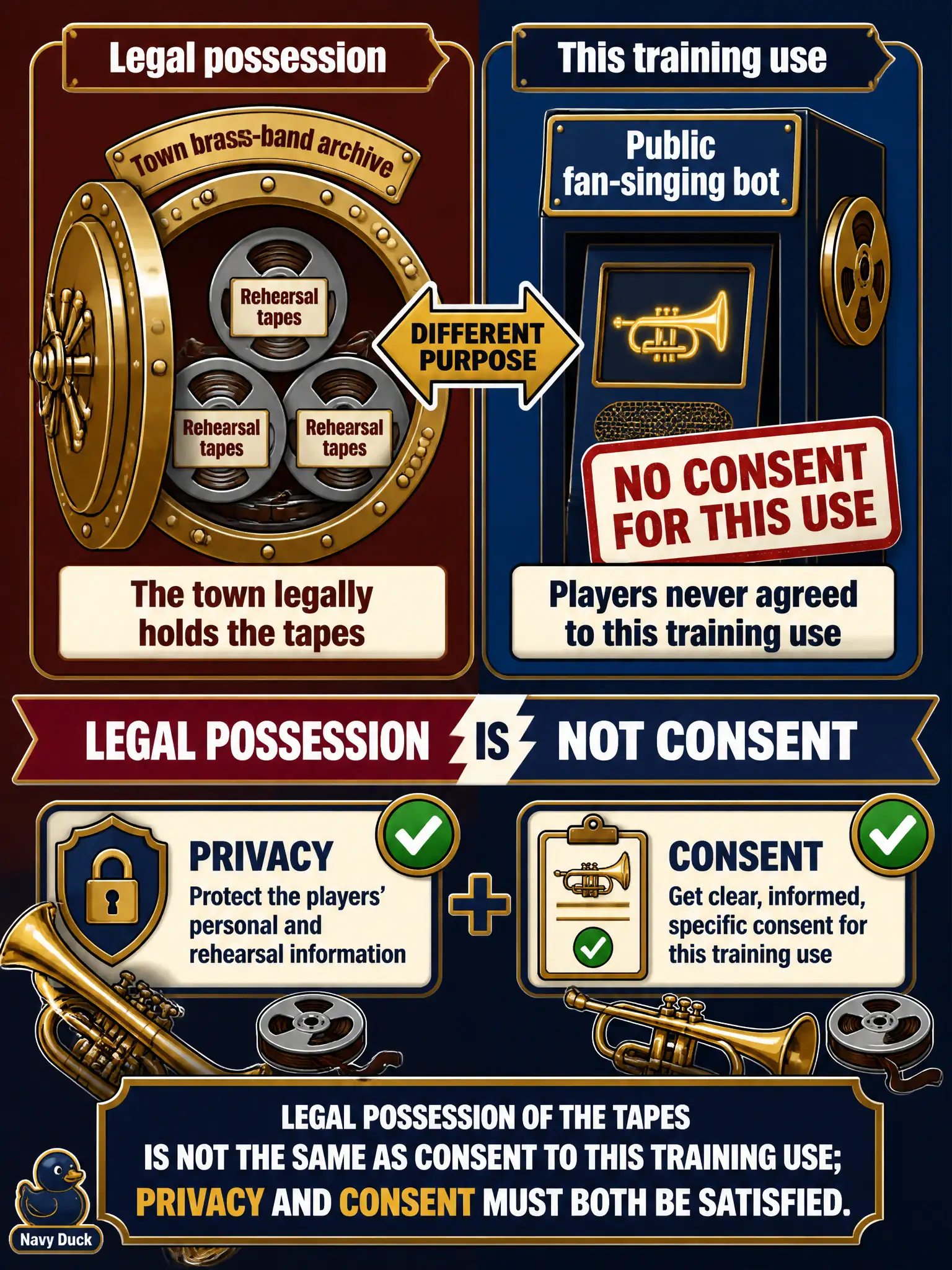To Create an exciting colorful infographic that explains the concepts in the question: Question: A town brass-band legally holds rehearsal tapes in its archive. Players never agreed those voices would train a public fan-singing bot. What distinction should the board make? Correct Answer: Legal possession of the tapes is not the same as consent to this training use; privacy and consent must both be satisfied. Put EVERY visible label in double quotes. No people. No A/B/C/D letters. In one of the four corners put a little "Navy Duck".