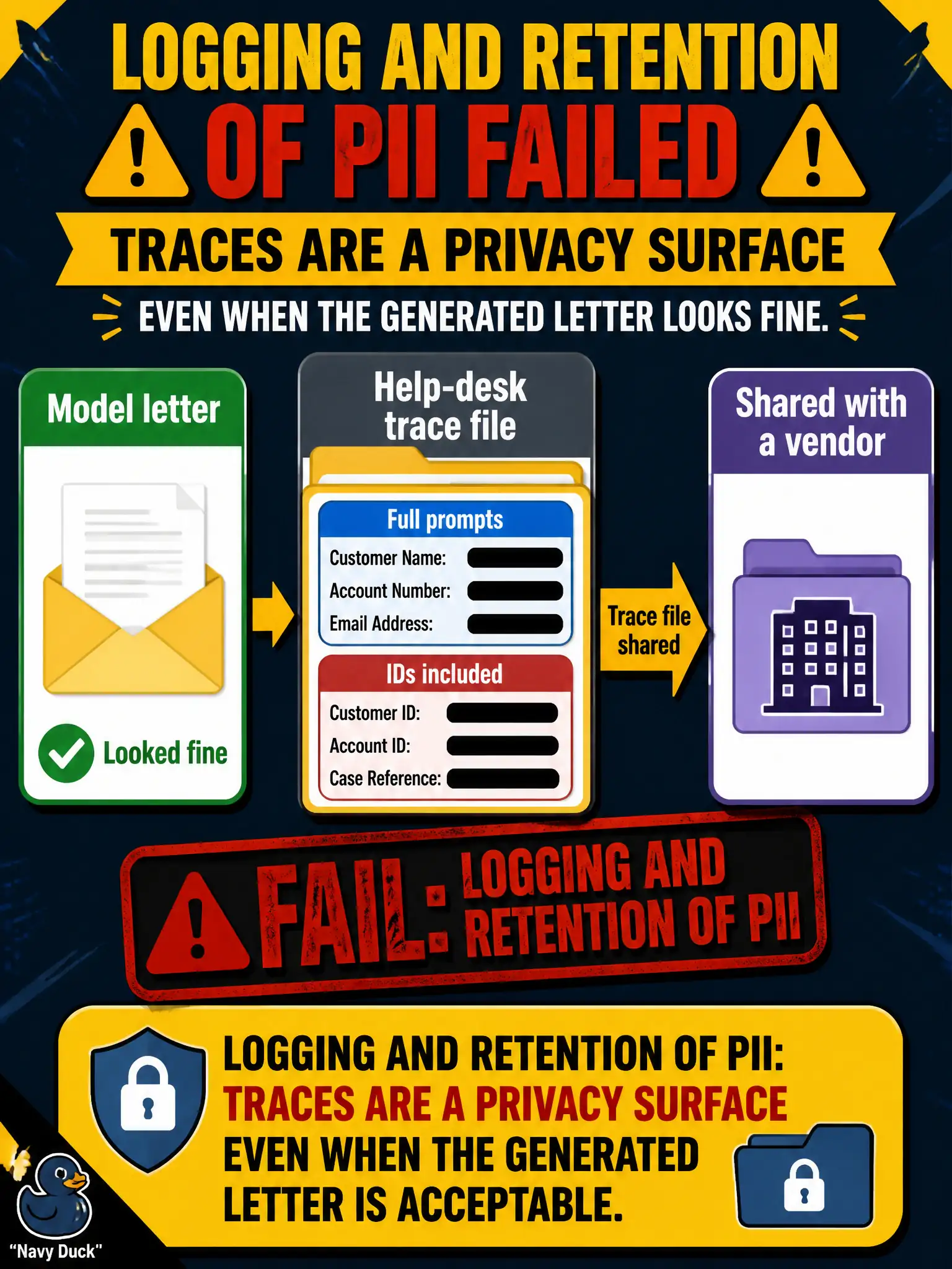 To Create an exciting colorful infographic that explains the concepts in the question: Question: The same transit-pass office later finds those full prompts — IDs included — in a help-desk trace file shared with a vendor. The model’s letter looked fine. What failed? Correct Answer: Logging and retention of PII: traces are a privacy surface even when the generated letter is acceptable. Put EVERY visible label in double quotes. No people. No A/B/C/D letters. In one of the four corners put a little "Navy Duck".