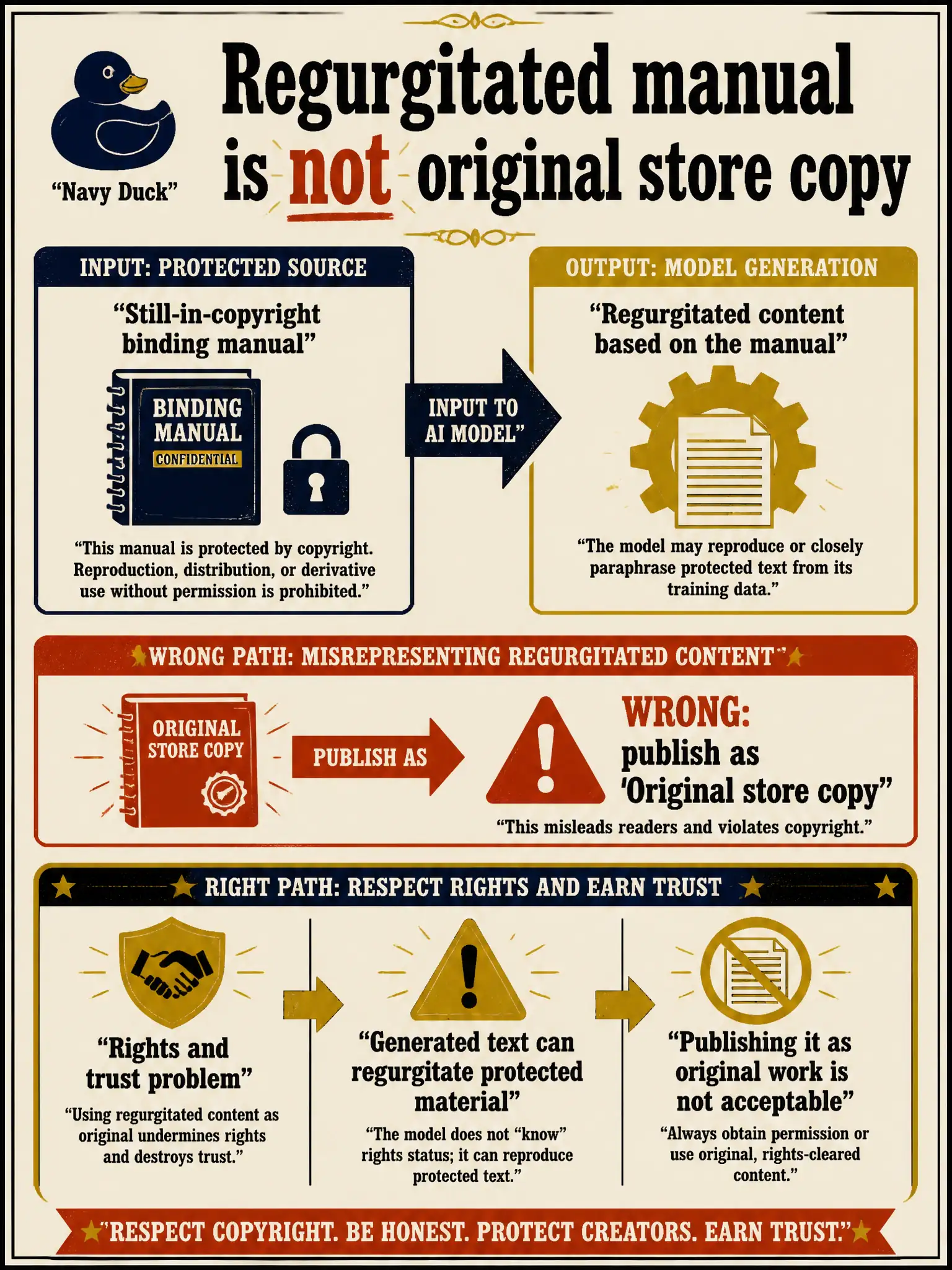 To Create an exciting colorful infographic that explains the concepts in the question: Question: A letterpress shop bot emits several paragraphs that match a still-in-copyright binding manual. A marketer wants to publish them as original store copy. How should the shop treat that output? Correct Answer: As a rights and trust problem: generated text can regurgitate protected material, and publishing it as original work is not acceptable. Put EVERY visible label in double quotes. No people. No A/B/C/D letters. In one of the four corners put a little "Navy Duck".