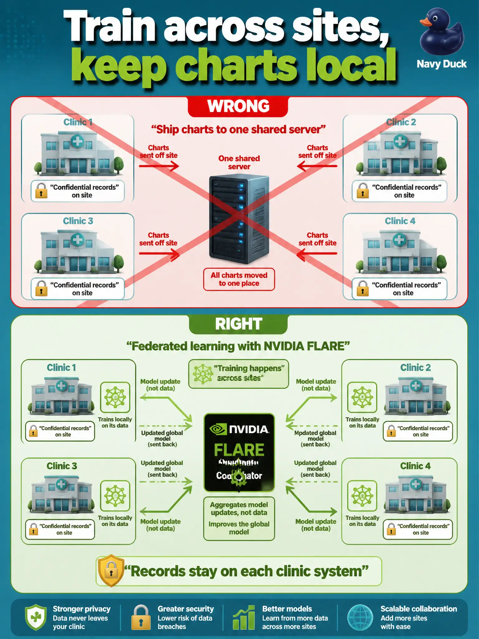 To Create an exciting colorful infographic that explains the concepts in the question: Question: Four county animal-shelter clinics want a stronger intake-note classifier but will not ship charts to one shared server. Which NVIDIA-aware approach keeps records on each private site? Correct Answer: Federated learning with NVIDIA FLARE, so training happens across sites while confidential records stay on each clinic’s system. Put EVERY visible label in double quotes. No people. No A/B/C/D letters. In one of the four corners put a little "Navy Duck".