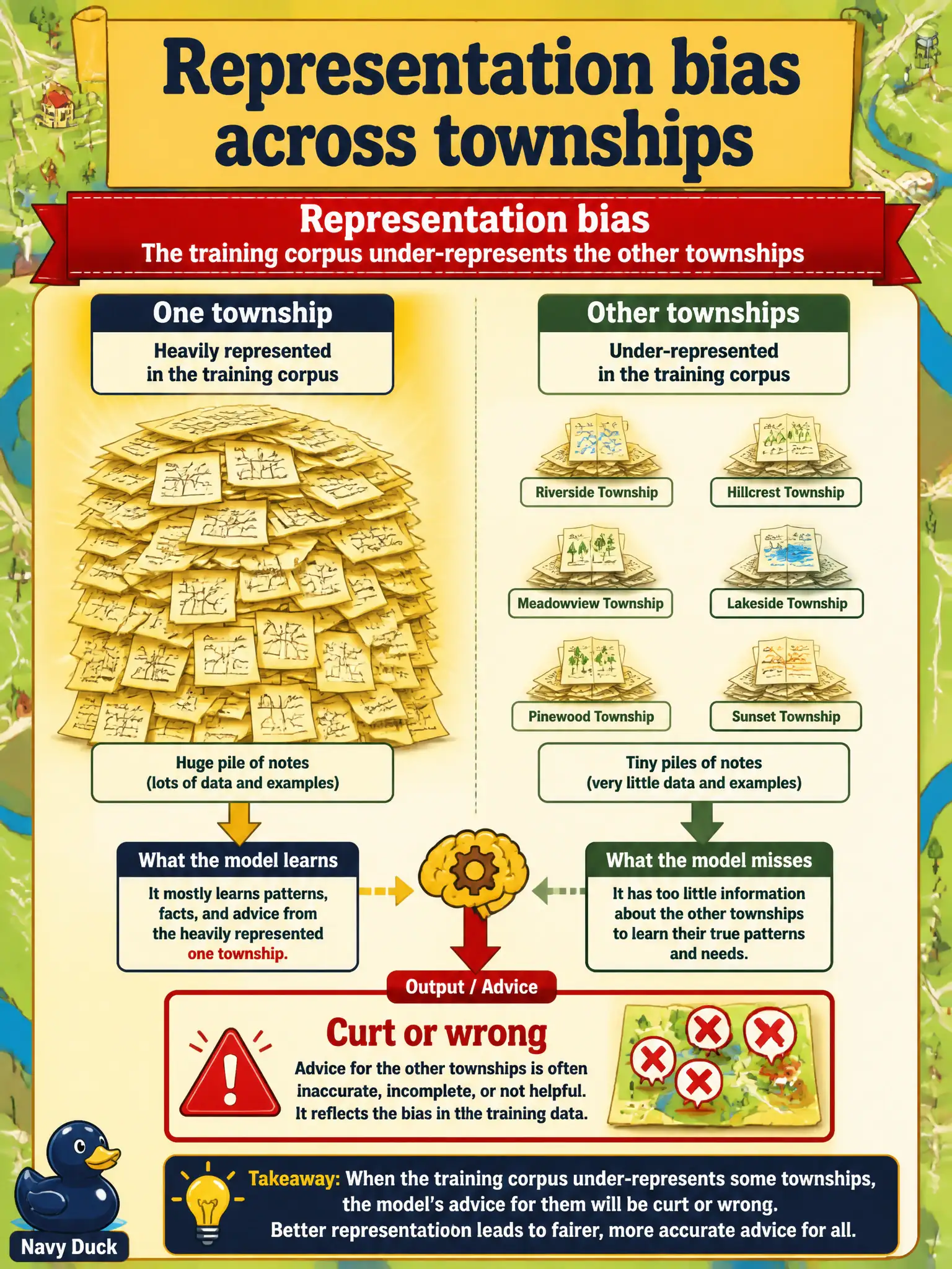 To Create an exciting colorful infographic that explains the concepts in the question: Question: A harvest-fair volunteer helper was trained mostly on notes from one township. Advice for other townships is curt or wrong. What bias source is that? Correct Answer: Representation bias: the training corpus under-represents the other townships. Put EVERY visible label in double quotes. No people. No A/B/C/D letters. In one of the four corners put a little "Navy Duck".