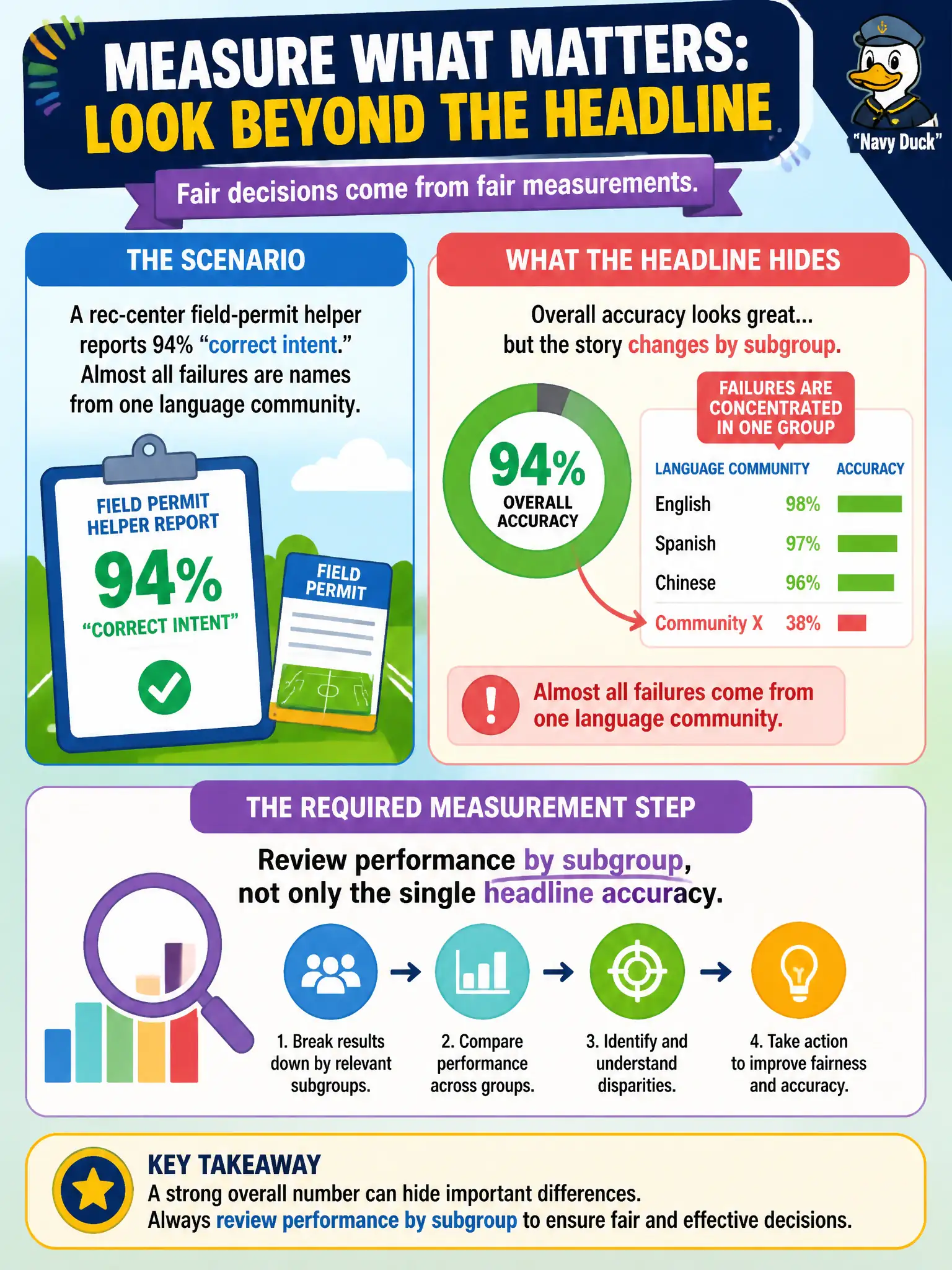 To Create an exciting colorful infographic that explains the concepts in the question: Question: A rec-center field-permit helper reports 94% “correct intent.” Almost all failures are names from one language community. What measurement step is required? Correct Answer: Review performance by subgroup, not only the single headline accuracy. Put EVERY visible label in double quotes. No people. No A/B/C/D letters. In one of the four corners put a little "Navy Duck".