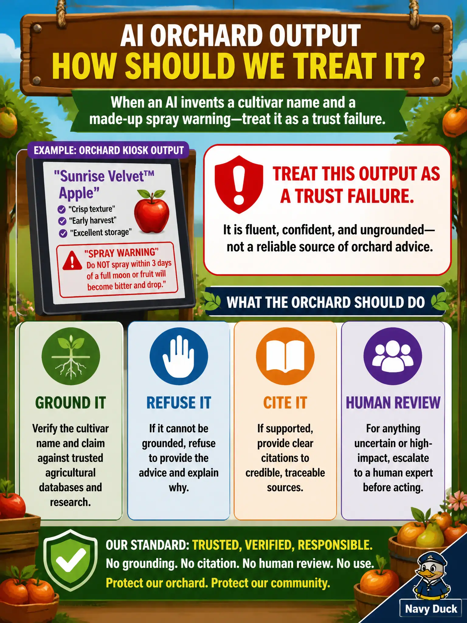 To Create an exciting colorful infographic that explains the concepts in the question: Question: A community-orchard kiosk invents a cultivar name and a made-up spray warning in a confident tone. Visitors would act on it. How should the orchard treat that output? Correct Answer: As a trust failure: ungrounded fluent advice needs grounding, a refusal, a citation, or human review. Put EVERY visible label in double quotes. No people. No A/B/C/D letters. In one of the four corners put a little "Navy Duck".