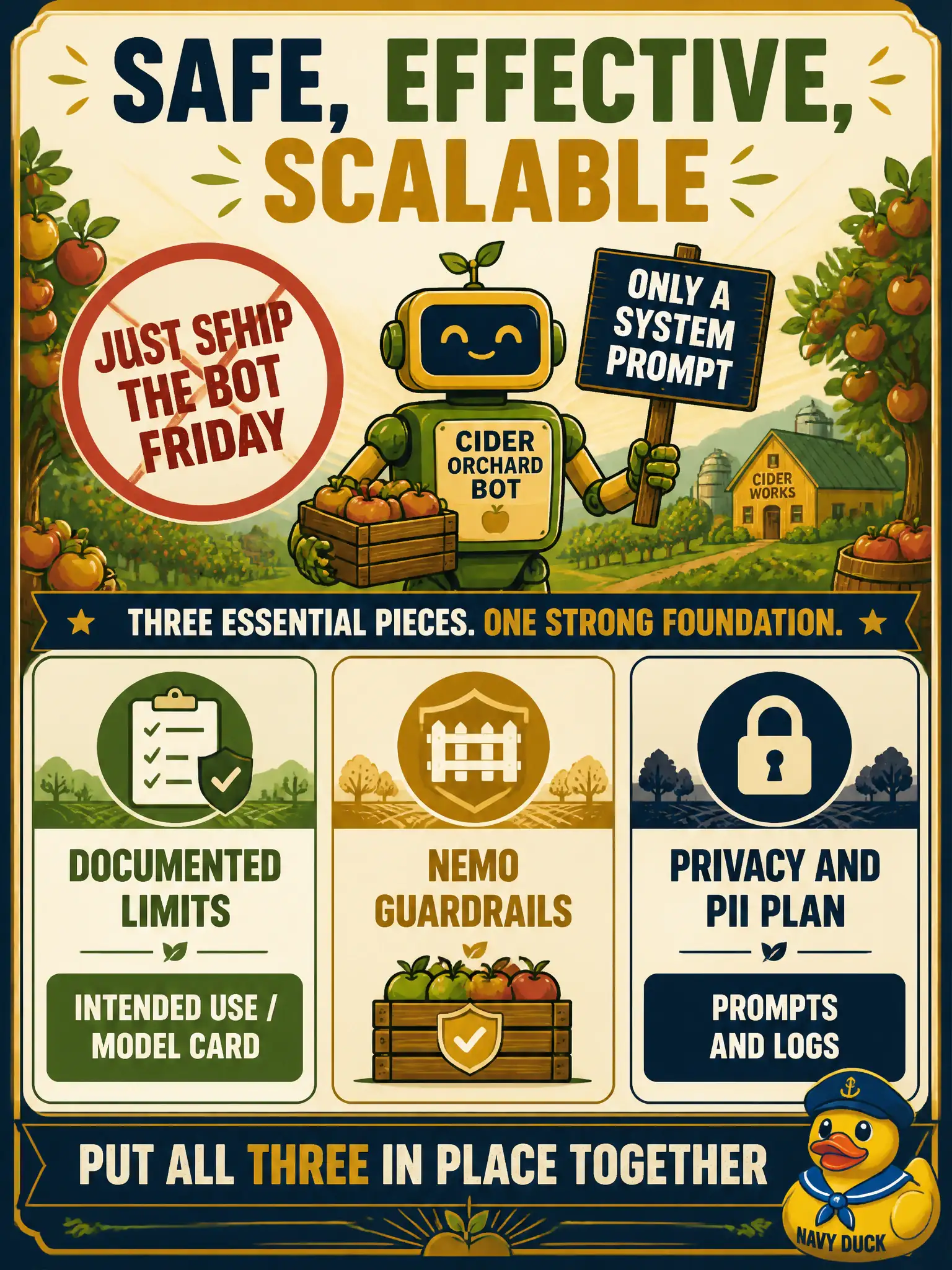 To Create an exciting colorful infographic that explains the concepts in the question: Question: A cider-orchard co-op wants to “just ship the bot Friday” with only a system prompt. Domain 5’s kickoff skill is a safe, effective, and scalable generative solution. What must they put in place together? Correct Answer: Documented limits (intended use / Model Card), NeMo Guardrails, and a privacy and PII plan for prompts and logs. Put EVERY visible label in double quotes. No people. No A/B/C/D letters. In one of the four corners put a little "Navy Duck".