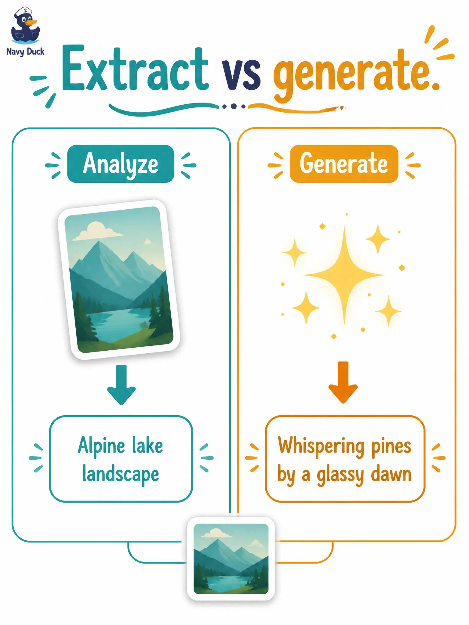 To Create an exciting colorful infographic that explains the concepts in the question: Question: A dye-garden pigment desk clips handwritten cards to swatch photos. One trial asks a transformer only to pull the botanical name; another asks it to invent a poetic label. Which trial is analysis rather than generation for cataloging? Correct Answer: Extracting the botanical name from the card, because that analyzes existing text instead of inventing new copy Put EVERY visible label in double quotes. No people. No A/B/C/D letters. In one of the four corners put a little "Navy Duck".