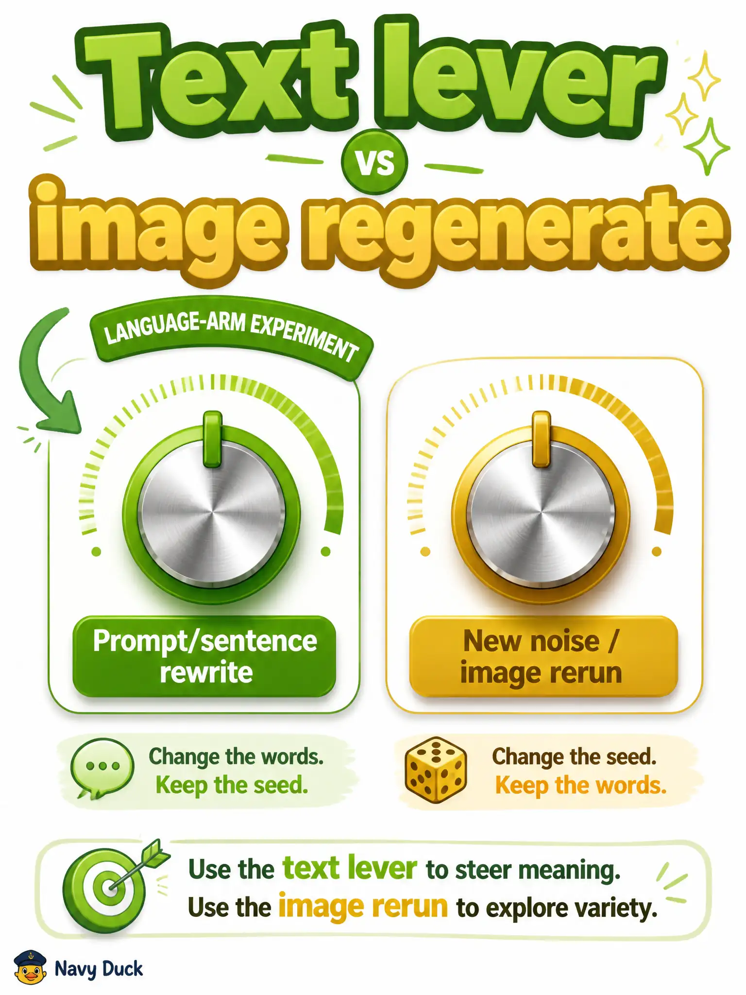 To Create an exciting colorful infographic that explains the concepts in the question: Question: A cider-press tasting room dislikes a generated pour shot. One intern rewrites the accompanying sentence; another reruns the image generator from new noise. Which change is the text-arm experiment? Correct Answer: Rewriting the accompanying sentence that conditions the visual generator Put EVERY visible label in double quotes. No people. No A/B/C/D letters. In one of the four corners put a little "Navy Duck".