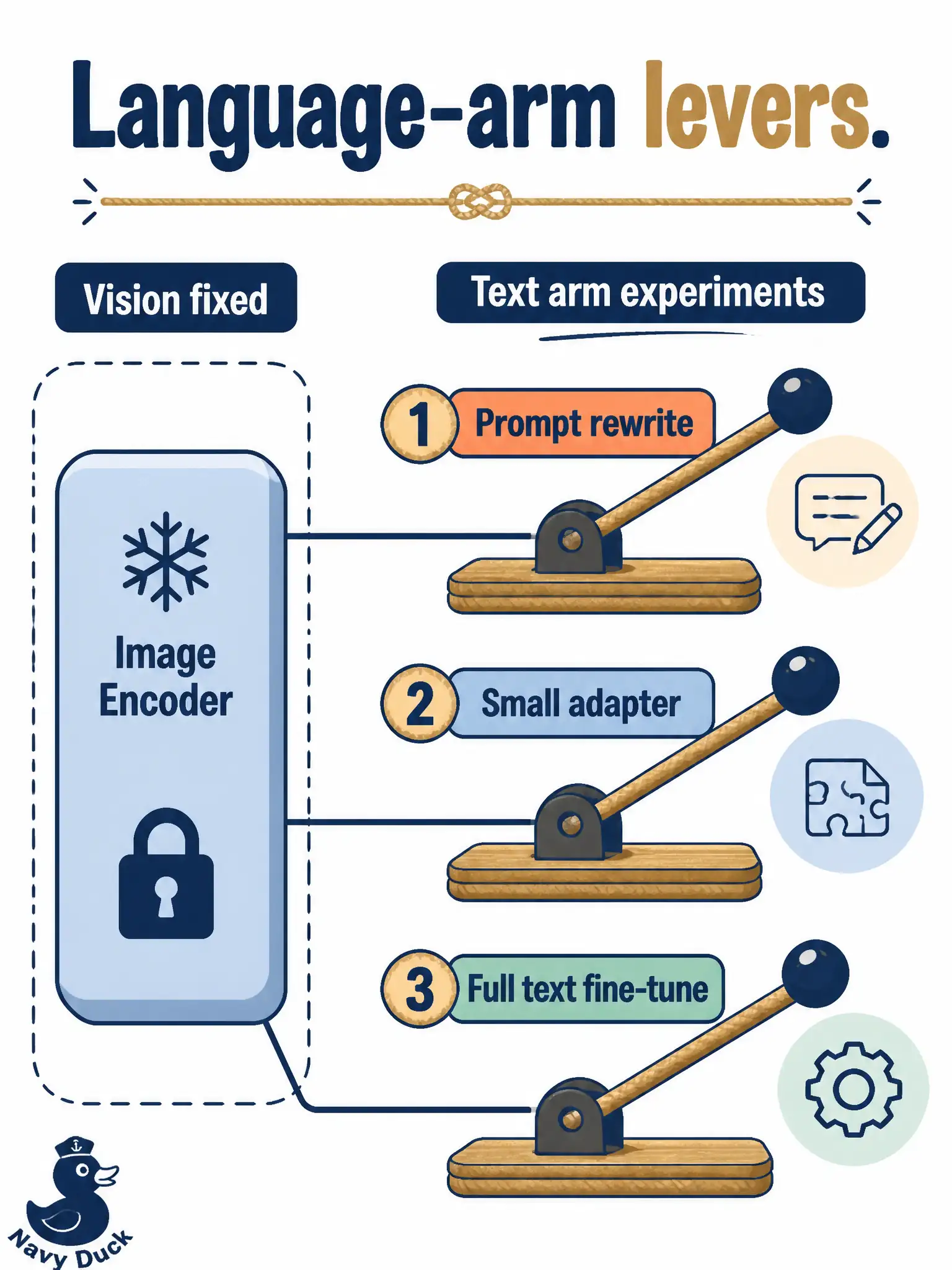 To Create an exciting colorful infographic that explains the concepts in the question: Question: A ropewalk sail-loft captioner has a frozen image encoder. Staff can rewrite instructions, attach a small extra module on the language side, or retrain the whole text stack on a few dozen loft notes. Which framing best describes these choices? Correct Answer: Three experiments on the language arm — prompt change, small adapter, or full text-side fine-tune — while the vision encoder stays fixed Put EVERY visible label in double quotes. No people. No A/B/C/D letters. In one of the four corners put a little "Navy Duck".