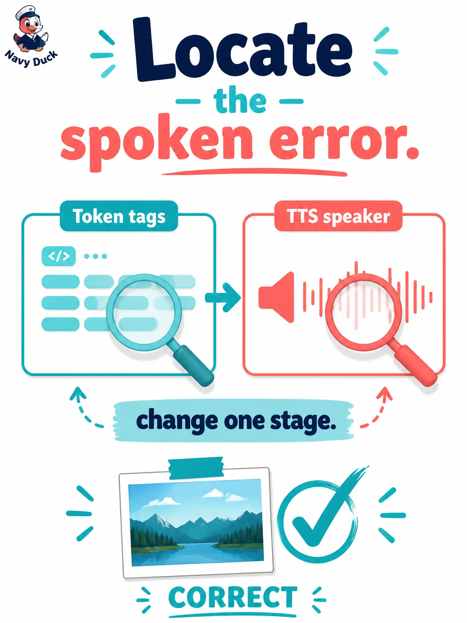 To Create an exciting colorful infographic that explains the concepts in the question: Question: An aquarium dive-bell office tags species names in a transcript, then a speech synthesizer reads the tags aloud to a gallery. Visitors hear the wrong Latin name even though the photo wall is correct. Where should the next single-stage experiment look first? Correct Answer: Separate whether the token-classification tags are wrong from whether the later speech stage misread correct tags Put EVERY visible label in double quotes. No people. No A/B/C/D letters. In one of the four corners put a little "Navy Duck".