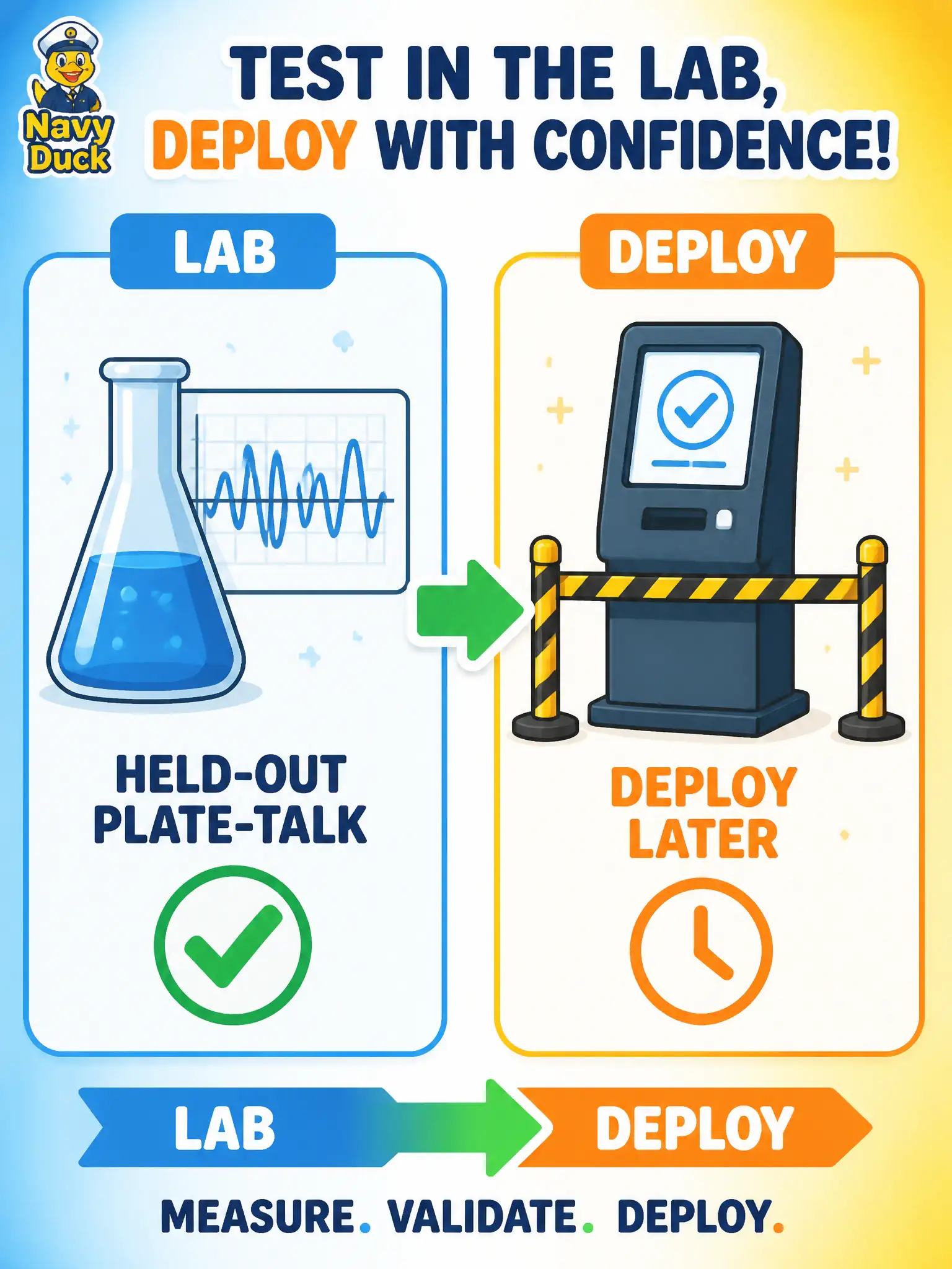 To Create an exciting colorful infographic that explains the concepts in the question: Question: An observatory plate-archive intern wants to push a half-finished Riva ASR vocabulary to the public kiosk “to see what happens.” What should happen first? Correct Answer: Finish the customization experiment on held-out plate-talk audio before any deploy decision. Put EVERY visible label in double quotes. No people. No A/B/C/D letters. In one of the four corners put a little "Navy Duck".