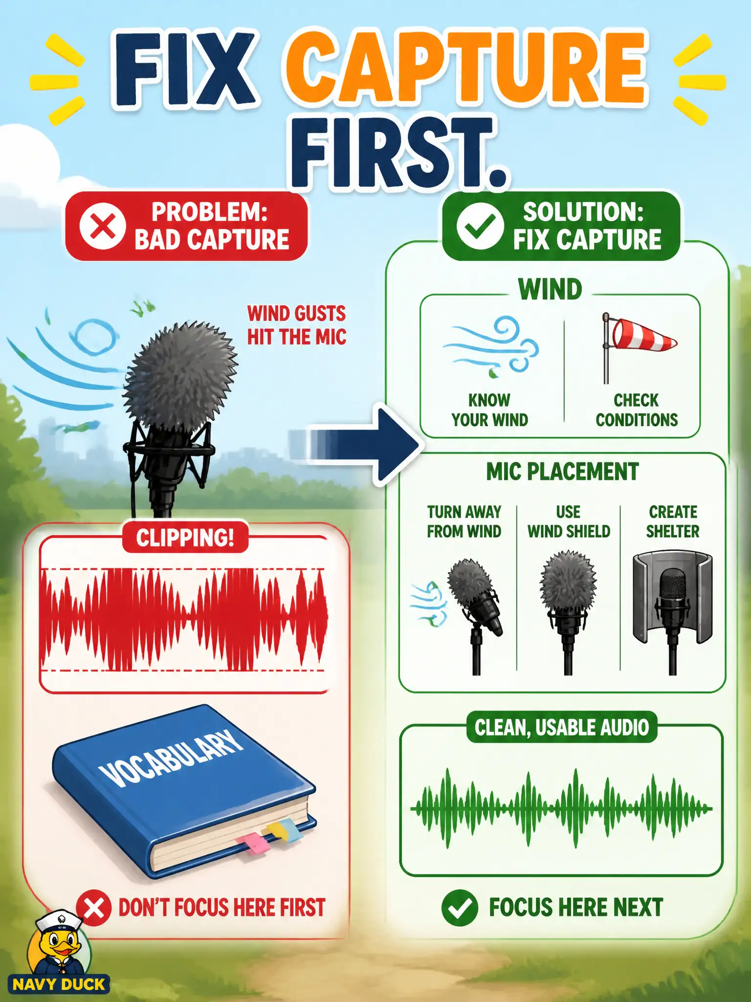 To Create an exciting colorful infographic that explains the concepts in the question: Question: A salt-pan hut’s outdoor mic clips every gust. After three Riva vocabulary trials, word error barely moves. What should the next experiment target? Correct Answer: A data-capture trial—microphone placement or a wind screen—rather than further ASR customization. Put EVERY visible label in double quotes. No people. No A/B/C/D letters. In one of the four corners put a little "Navy Duck".