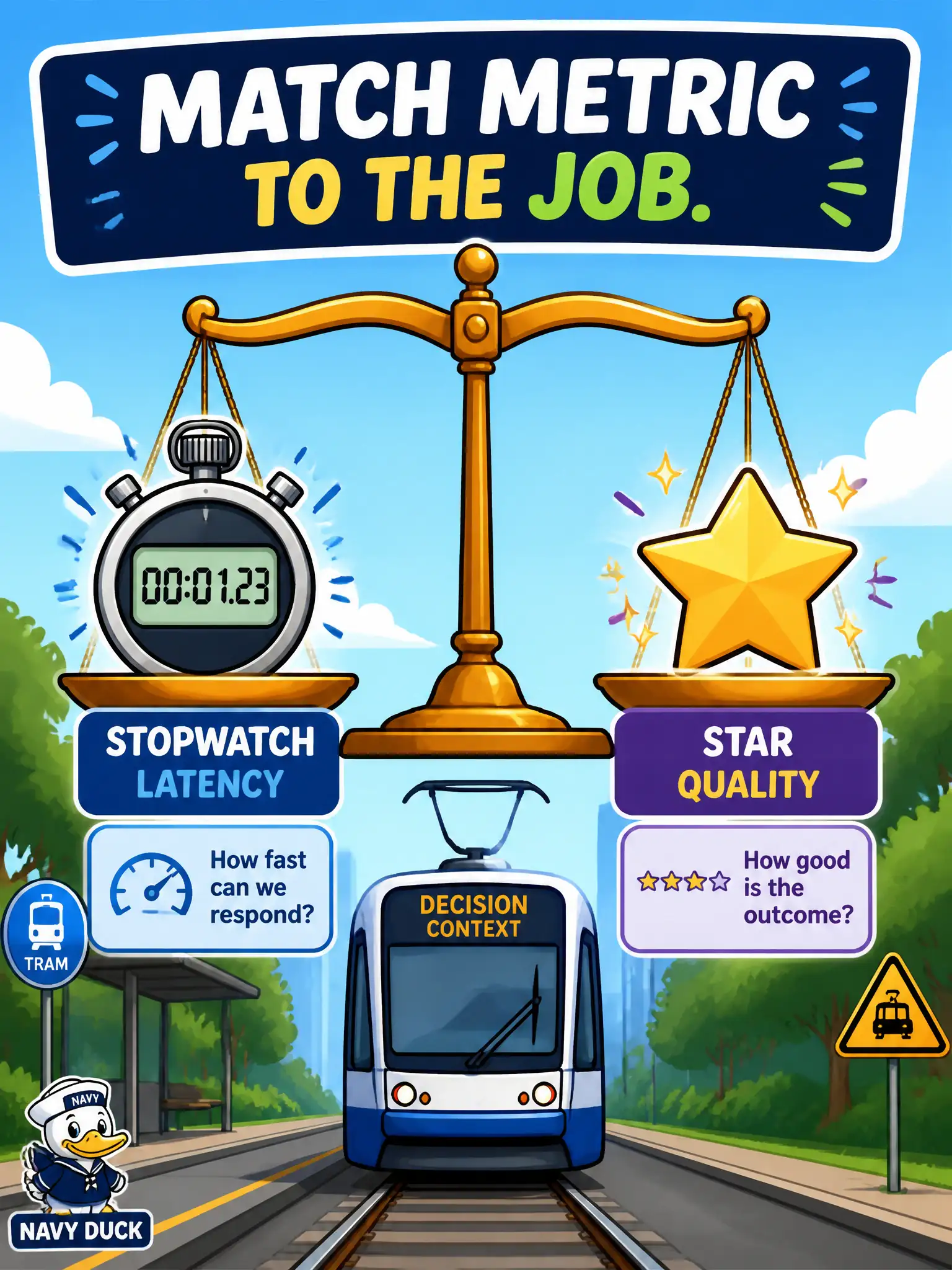 To Create an exciting colorful infographic that explains the concepts in the question: Question: A tram-depot booth can wait for a slightly better transcript or speak a faster, rougher reply so riders catch the next car. What experimental choice does that pose? Correct Answer: Trade pipeline latency against stage quality using a success measure that matches the booth’s job. Put EVERY visible label in double quotes. No people. No A/B/C/D letters. In one of the four corners put a little "Navy Duck".