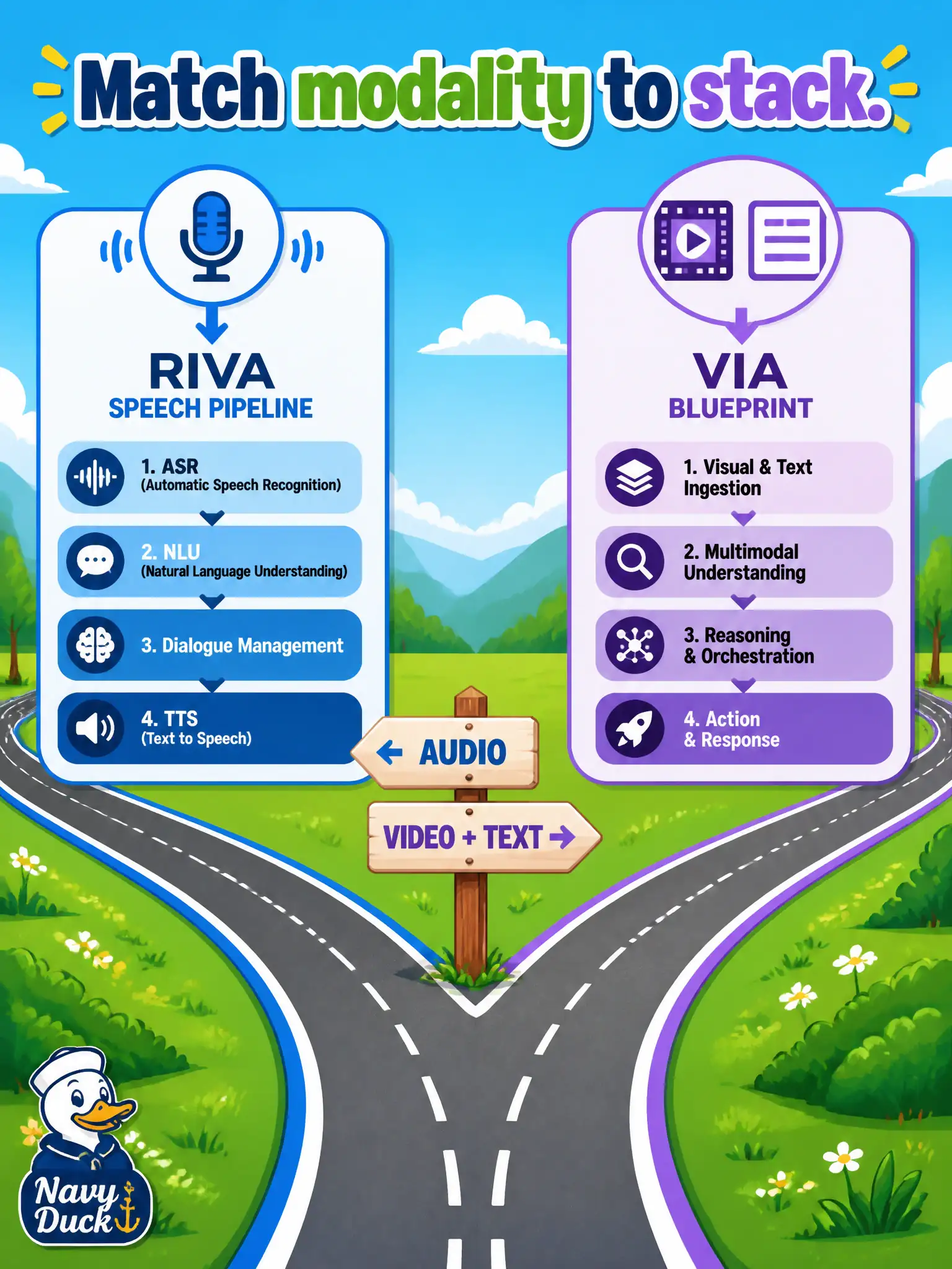 To Create an exciting colorful infographic that explains the concepts in the question: Question: A boardwalk team can field either a spoken Q&A booth or a short-clip review that uses an NVIDIA AI Blueprint with VIA. How should they choose the experiment? Correct Answer: Match the experiment to the incoming modality: live speech → Riva pipeline; recorded video+text → VIA Blueprint. Put EVERY visible label in double quotes. No people. No A/B/C/D letters. In one of the four corners put a little "Navy Duck".