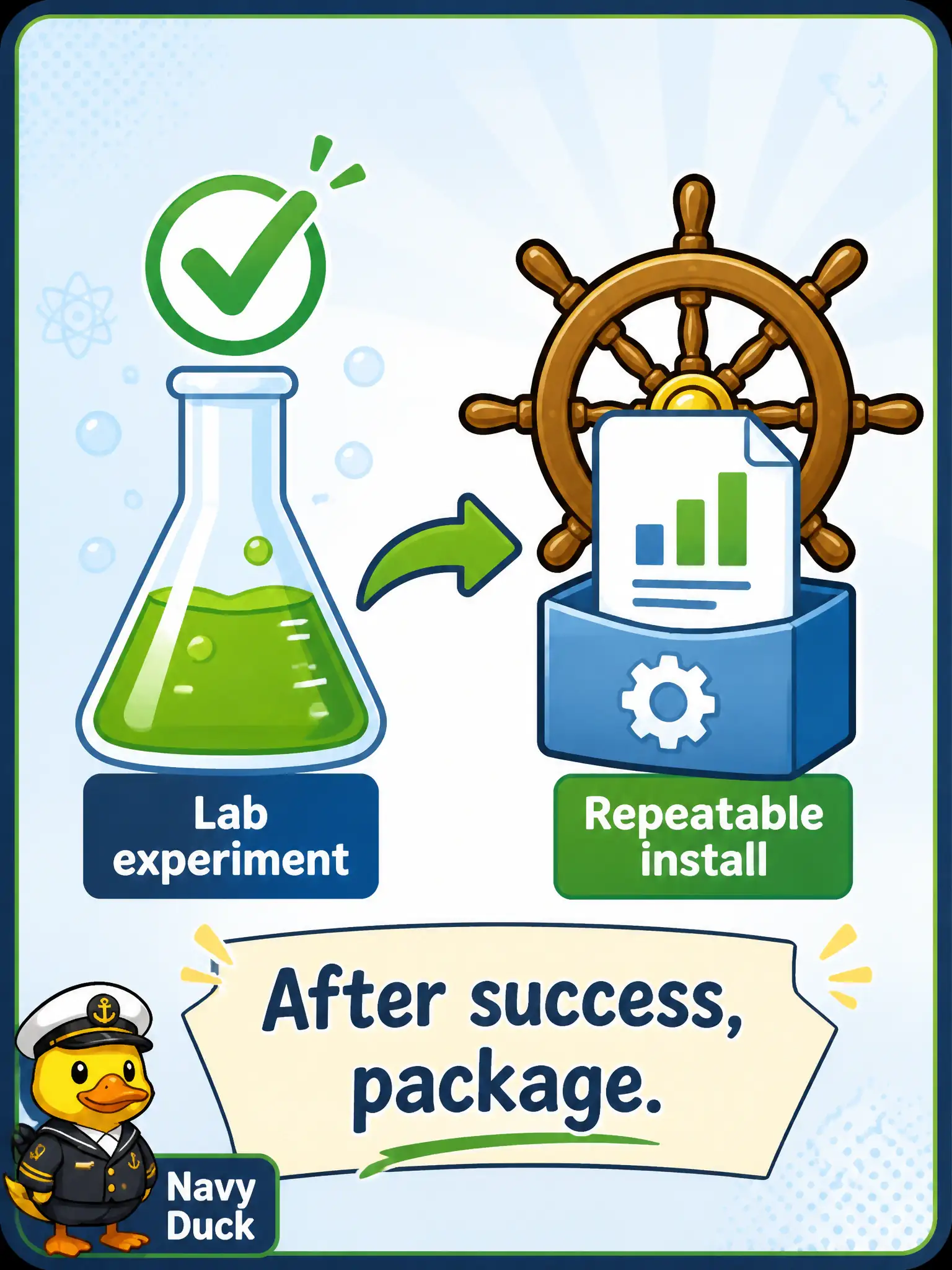 To Create an exciting colorful infographic that explains the concepts in the question: Question: A quarry radio’s Riva pipeline finally beats the word-error target on held-out calls. Ops asks how that same stack gets installed in a cluster the same way every time. What answers that ask? Correct Answer: A Helm chart as the packaging step after the successful experiment—not a new ASR trial. Put EVERY visible label in double quotes. No people. No A/B/C/D letters. In one of the four corners put a little "Navy Duck".