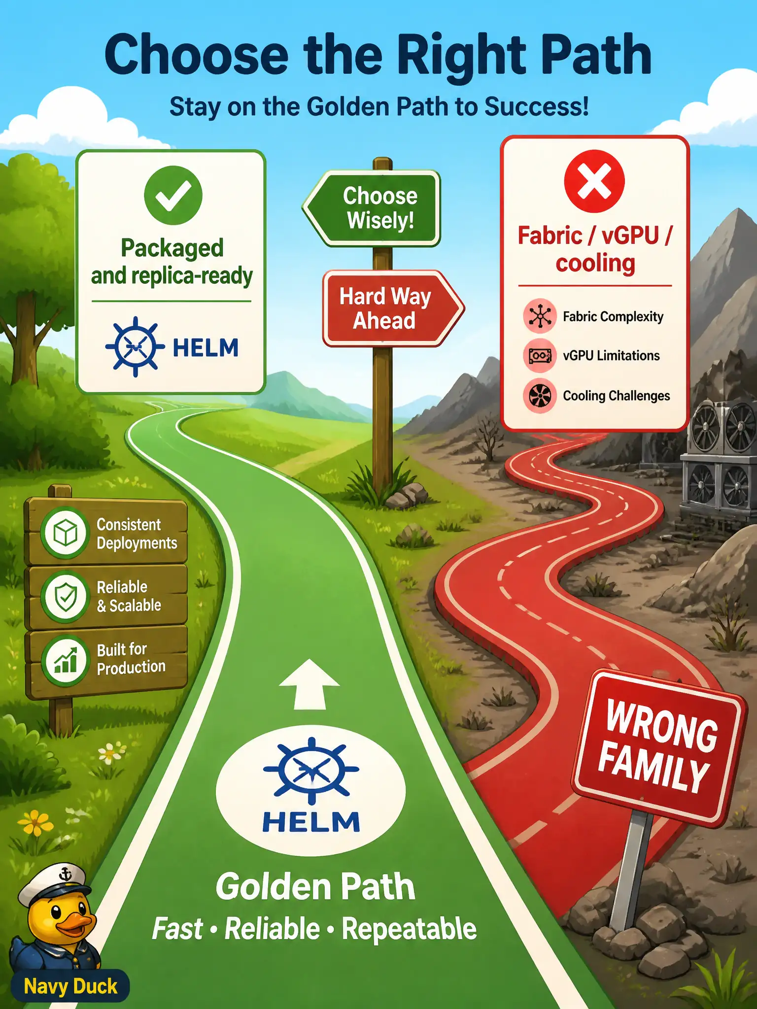 To Create an exciting colorful infographic that explains the concepts in the question: Question: A tram depot’s Helm chart is slow to start, and an intern wants to redesign the cluster fabric and vGPU pools. What is the associate-level response? Correct Answer: Refuse that path as the wrong exam family and stay on whether the conversational app is packaged and replica-ready. Put EVERY visible label in double quotes. No people. No A/B/C/D letters. In one of the four corners put a little "Navy Duck".