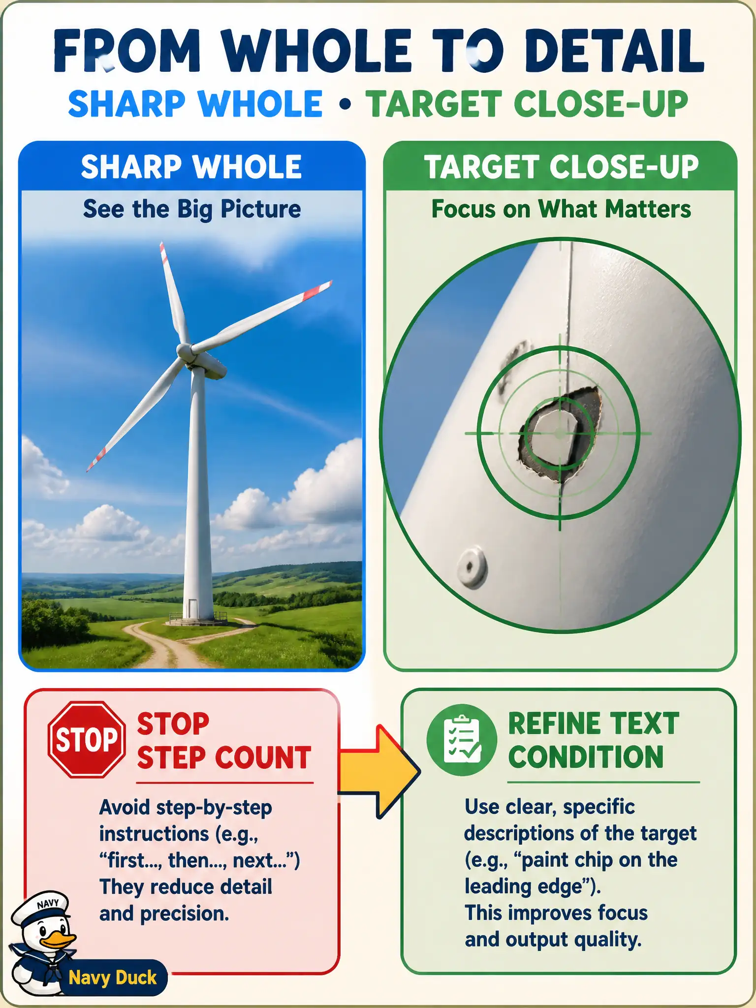 To Create an exciting colorful infographic that explains the concepts in the question: Question: A wind-farm still keeps showing a whole turbine when the note asked for a close trailing-edge chip. Doubling denoising steps only makes the tower sharper. What should the associate do next? Correct Answer: Stop the step experiment and move the next trial to the language or context condition. Put EVERY visible label in double quotes. No people. No A/B/C/D letters. In one of the four corners put a little "Navy Duck".