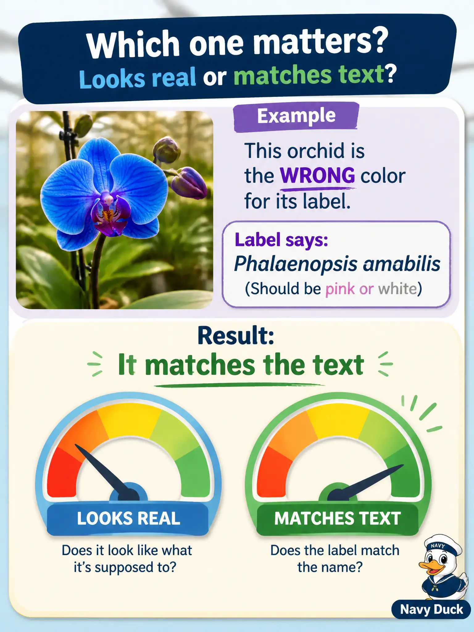 To Create an exciting colorful infographic that explains the concepts in the question: Question: A generated orchid card looks crisp but shows the wrong species color next to the Latin line. How should the associate choose a quality measure for the claim “matches the sentence”? Correct Answer: Pick an image–text agreement measure (or report realism and agreement as separate questions). Put EVERY visible label in double quotes. No people. No A/B/C/D letters. In one of the four corners put a little "Navy Duck".
