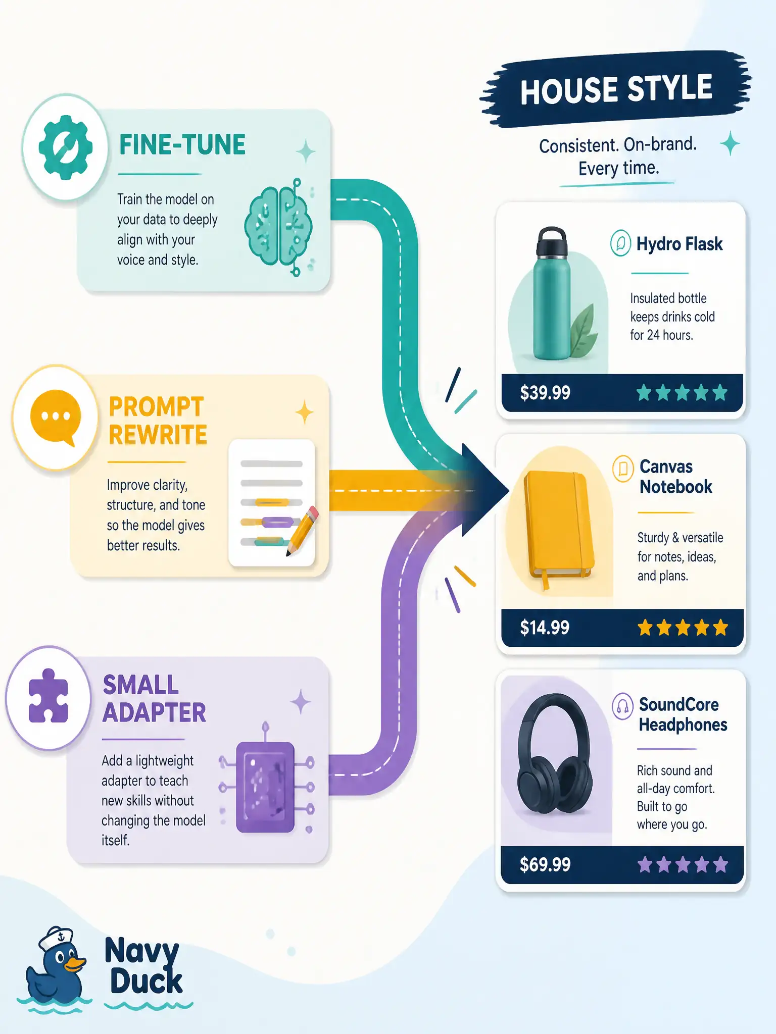 To Create an exciting colorful infographic that explains the concepts in the question: Question: A smokehouse wants tomorrow’s product cards to look like this smokehouse, not a generic shed. Which three image+text experiment levers should the associate compare? Correct Answer: Full fine-tune of the generator on house photos, rewrite the sentence only, or attach a small adapter and compare renders. Put EVERY visible label in double quotes. No people. No A/B/C/D letters. In one of the four corners put a little "Navy Duck".