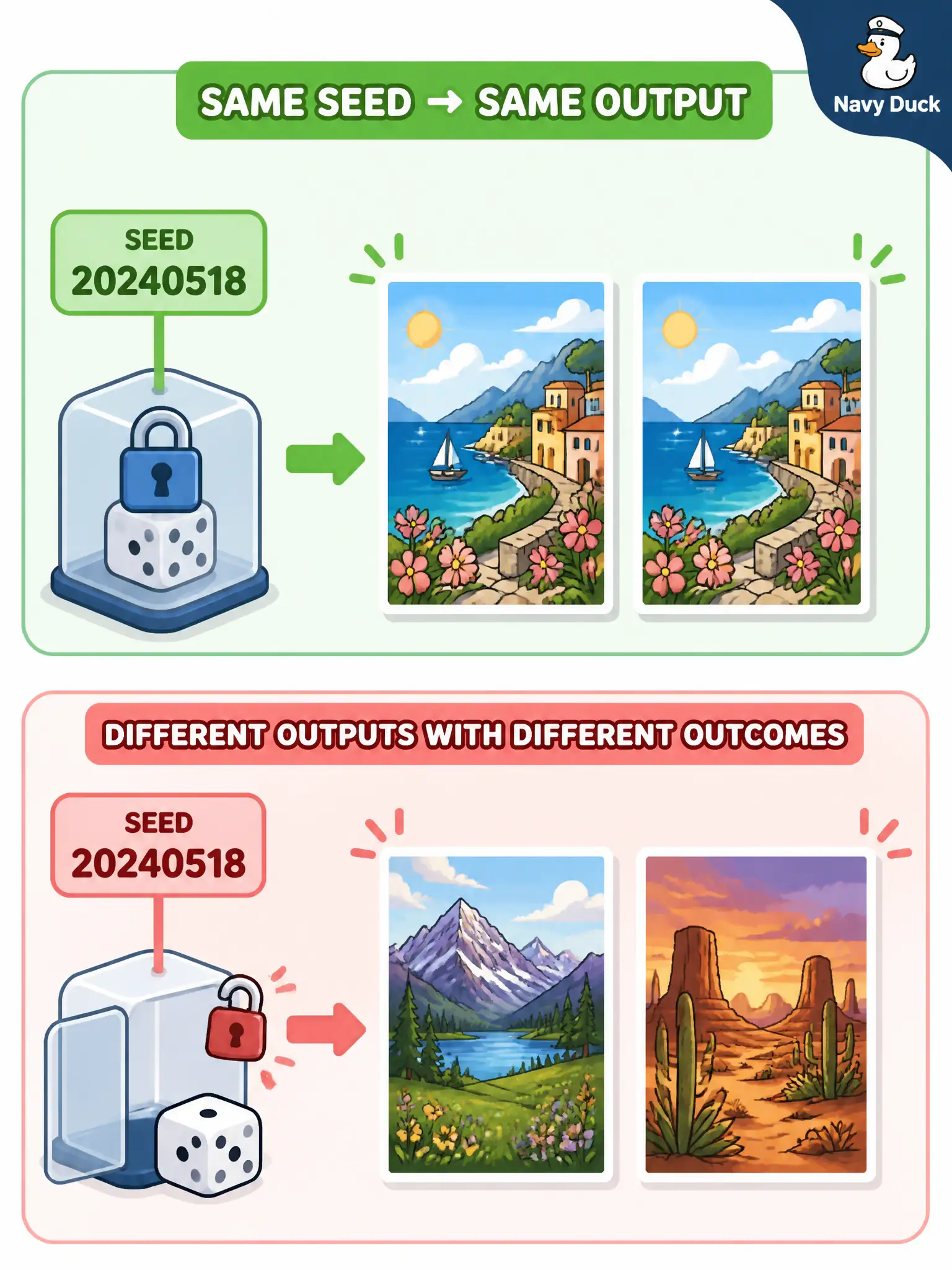 To Create an exciting colorful infographic that explains the concepts in the question: Question: A clocktower postcard trial cannot be repeated: each run looks different, so staff cannot tell whether a sharper bell came from more steps or from luck. What control should the associate add? Correct Answer: Fix a random seed so the next quality comparisons are reproducible. Put EVERY visible label in double quotes. No people. No A/B/C/D letters. In one of the four corners put a little "Navy Duck".