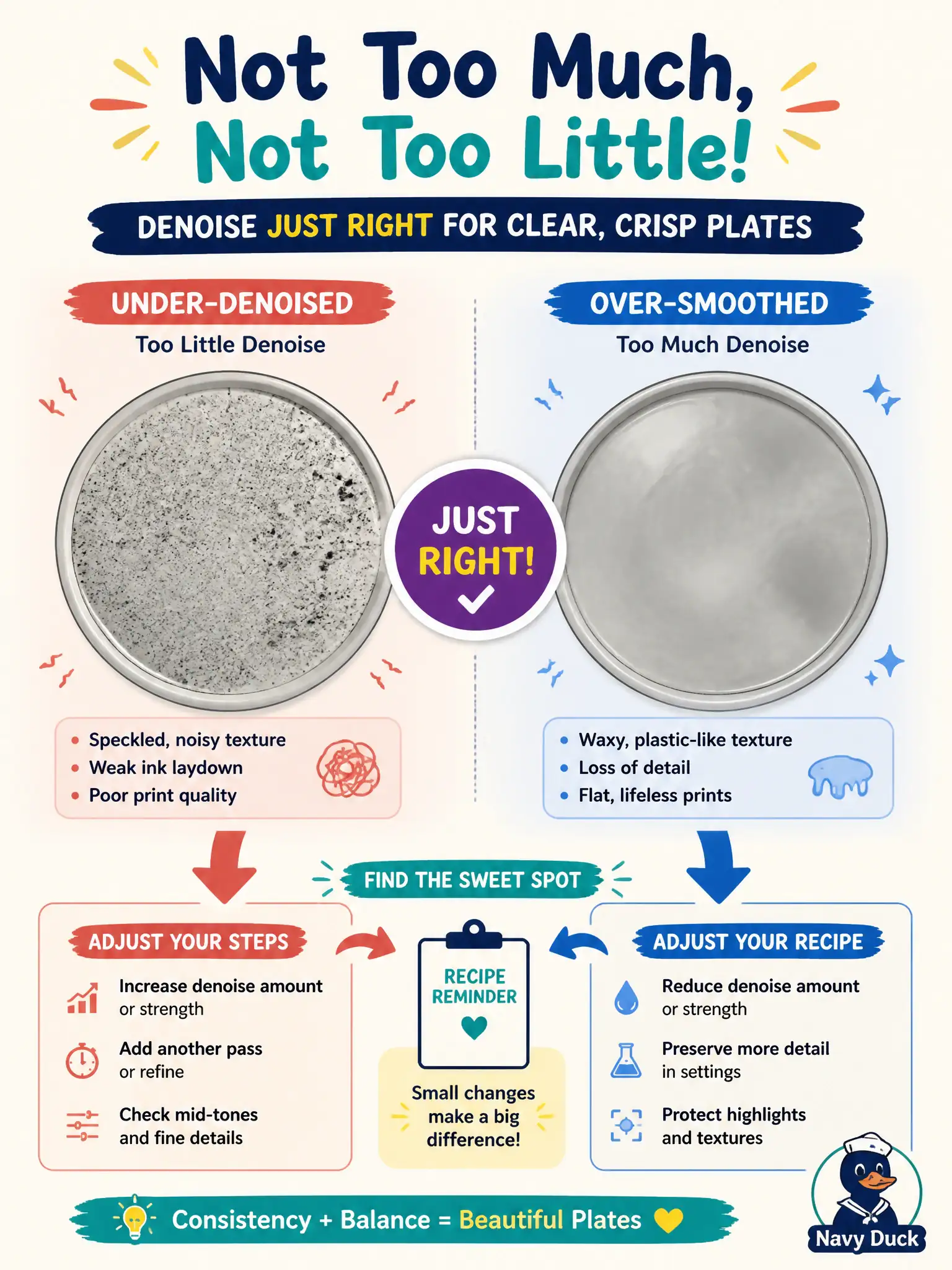 To Create an exciting colorful infographic that explains the concepts in the question: Question: One observatory-plate render still looks speckled; another is waxy and loses a hairline crack that mattered. How should the associate read those diffusion-quality outcomes? Correct Answer: Residual grain suggests under-denoising; a too-smooth plate suggests oversmoothing—pick the next step-count or recipe trial accordingly. Put EVERY visible label in double quotes. No people. No A/B/C/D letters. In one of the four corners put a little "Navy Duck".