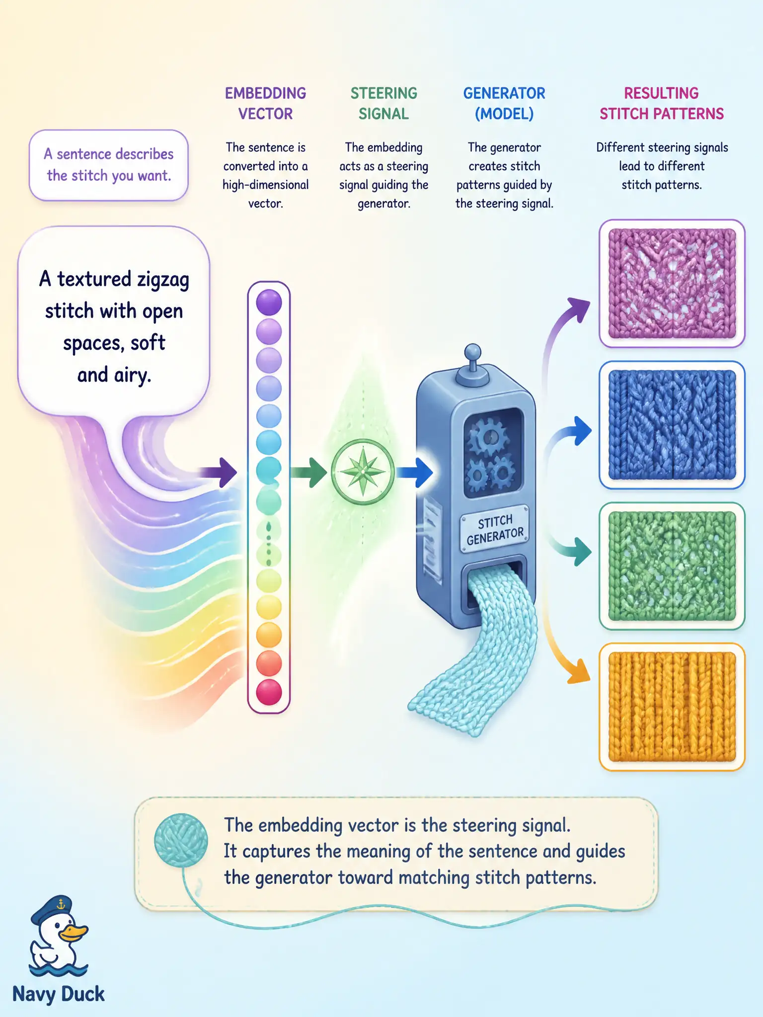 To Create an exciting colorful infographic that explains the concepts in the question: Question: A quilt-museum intern asks why changing the sentence changes the stitches in the render. What is the context embedding doing? Correct Answer: It turns the sentence into a steering signal that conditions the generator—not stamped ink on the cloth. Put EVERY visible label in double quotes. No people. No A/B/C/D letters. In one of the four corners put a little "Navy Duck".