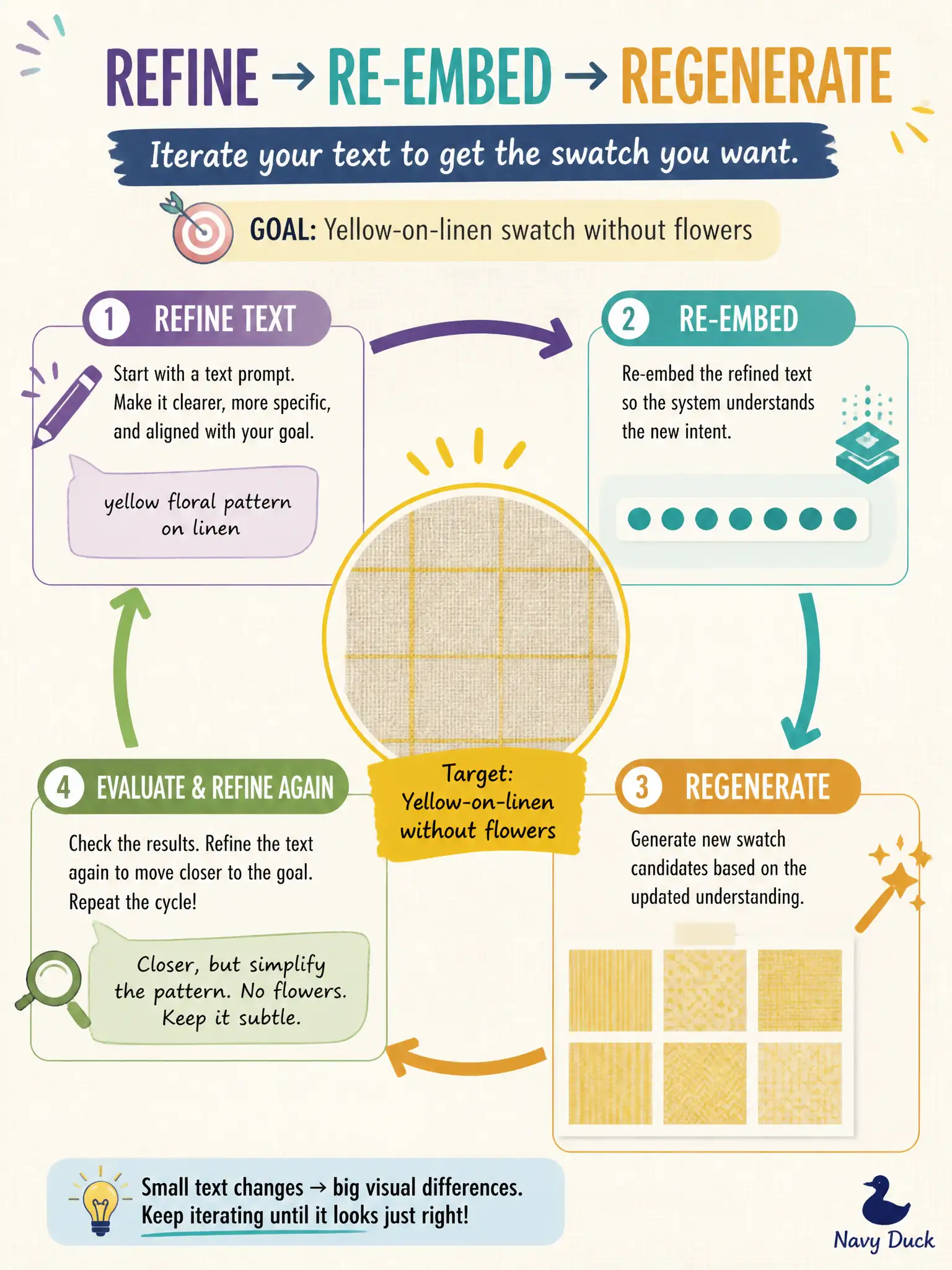 To Create an exciting colorful infographic that explains the concepts in the question: Question: A dye-garden wants “weld yellow on linen, shade, no flower,” but the first render shows a bouquet. What is the official test-and-refine experiment? Correct Answer: Refine the sentence, re-embed, and regenerate until the picture matches the target. Put EVERY visible label in double quotes. No people. No A/B/C/D letters. In one of the four corners put a little "Navy Duck".
