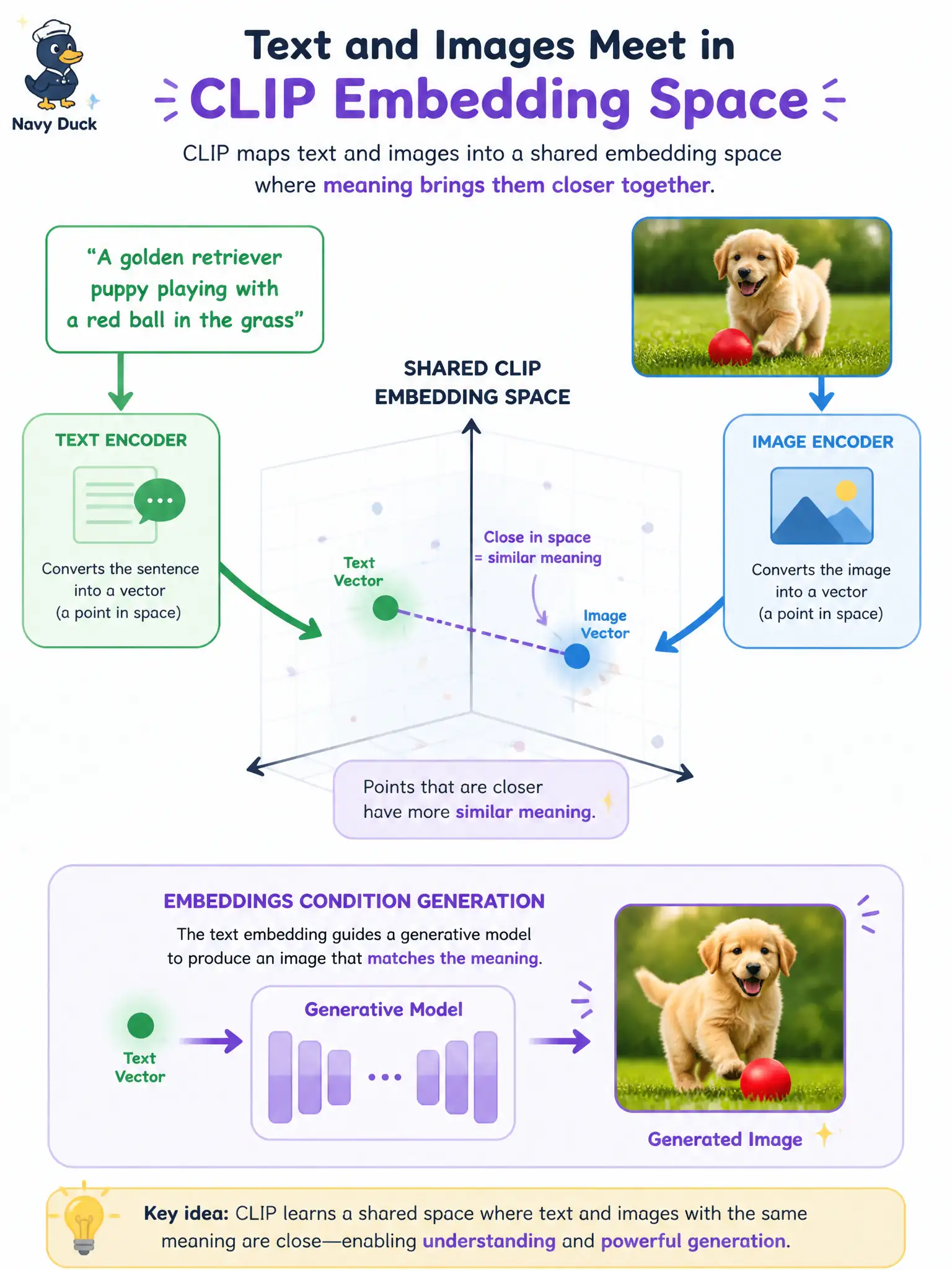 To Create an exciting colorful infographic that explains the concepts in the question: Question: A cider-press card must be generated from an English line. Which official path turns that line into a visual condition for the image experiment? Correct Answer: Contrastive language-image pretraining (CLIP) as the English text-prompt path. Put EVERY visible label in double quotes. No people. No A/B/C/D letters. In one of the four corners put a little "Navy Duck".