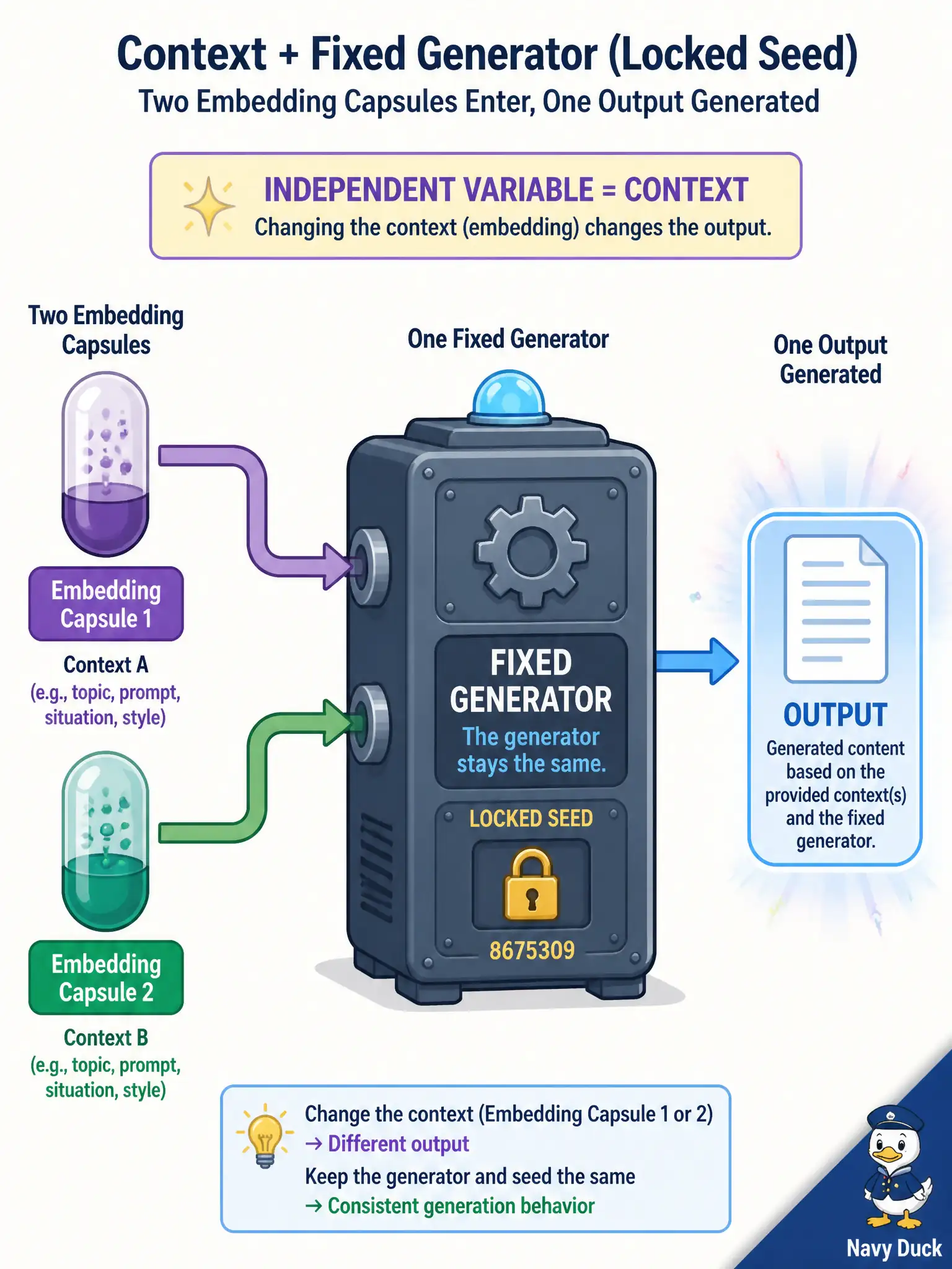 To Create an exciting colorful infographic that explains the concepts in the question: Question: A pottery desk embeds “ash glaze, iron speck” and “celadon, quiet rim,” then runs both through the same diffusion recipe. What must stay shared so the factor is the context embedding? Correct Answer: A shared generator and seed so only the embedding differs. Put EVERY visible label in double quotes. No people. No A/B/C/D letters. In one of the four corners put a little "Navy Duck".