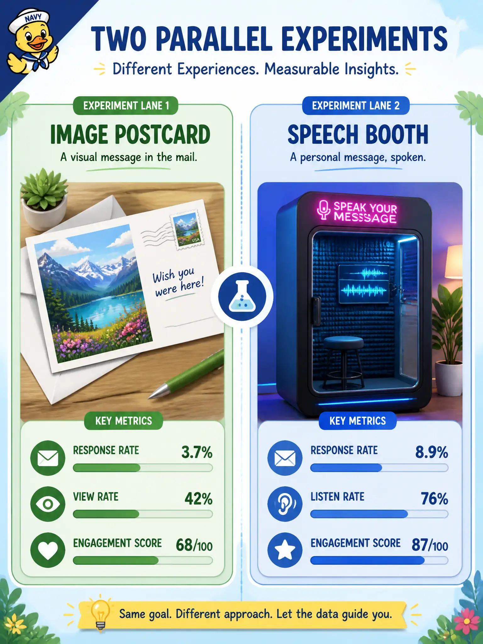 To Create an exciting colorful infographic that explains the concepts in the question: Question: A harbor museum claims “clearer context helps everything” and runs a tighter sentence on the postcard generator and a tighter reply template on the Riva booth. How should metrics be logged? Correct Answer: Use an image–text alignment check for the card and a transcription or listener check for the booth—one metric per modality. Put EVERY visible label in double quotes. No people. No A/B/C/D letters. In one of the four corners put a little "Navy Duck".