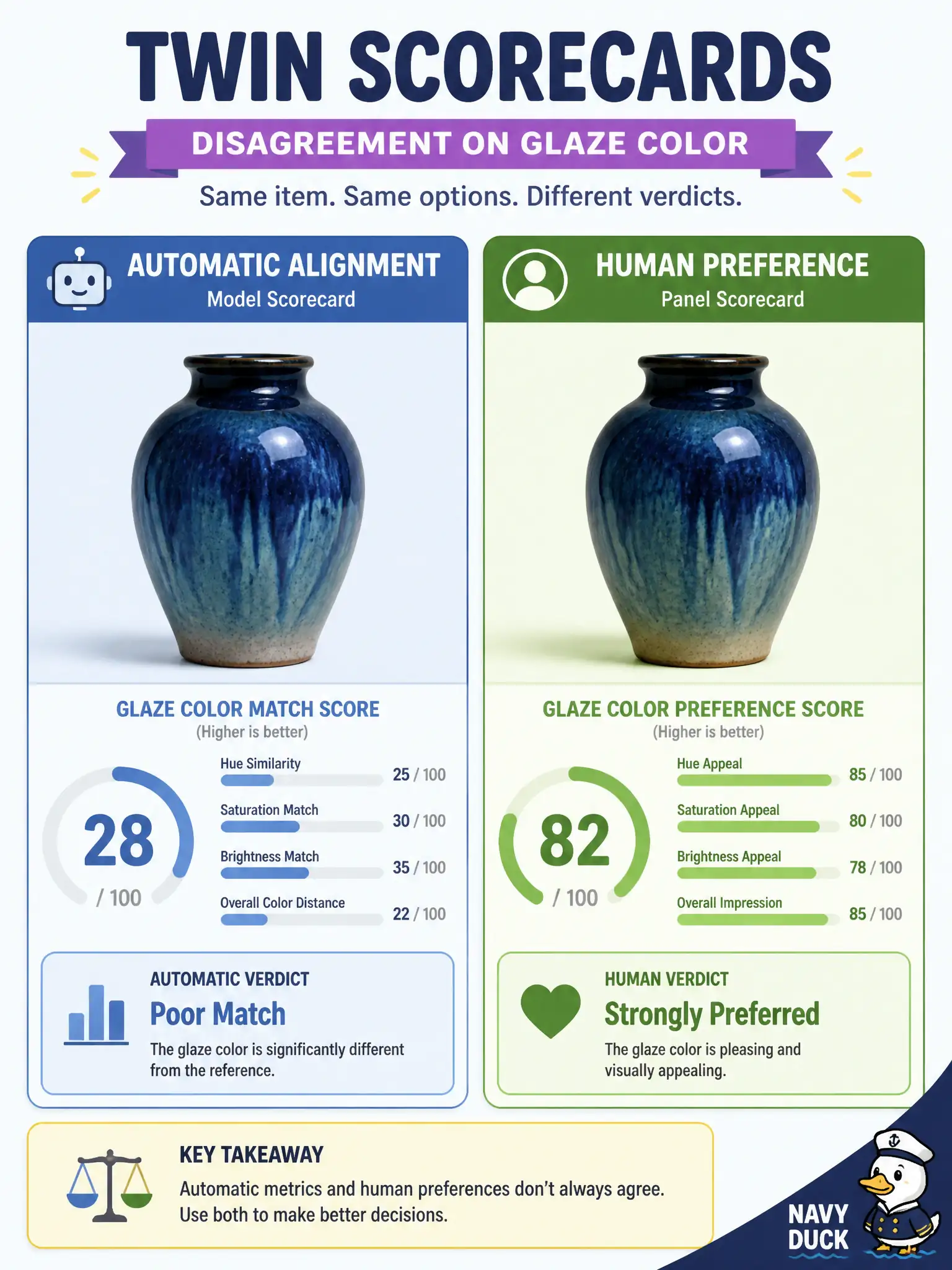 To Create an exciting colorful infographic that explains the concepts in the question: Question: An automatic check says a kiln-tile render matches the card, but three potters say the pool is the wrong green. How should the associate treat those readouts? Correct Answer: Treat human preference and the automatic image–text score as two experimental readouts that can disagree. Put EVERY visible label in double quotes. No people. No A/B/C/D letters. In one of the four corners put a little "Navy Duck".