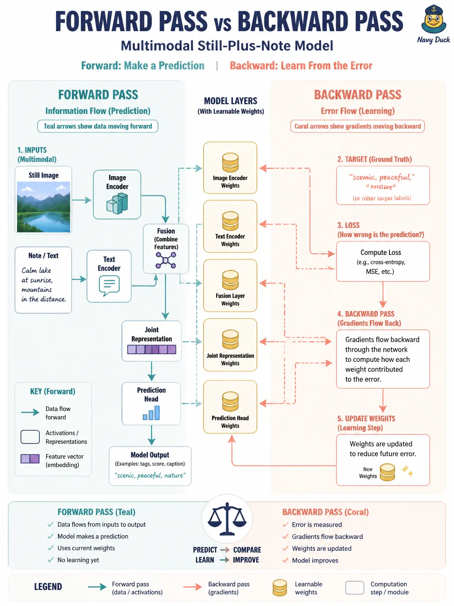 To Create an exciting colorful infographic that explains the concepts in the question: Question: A lighthouse lens room walks through one training step on a cracked-prism still plus a short keeper note. Which statement correctly separates the two halves of that step? Correct Answer: The forward pass produces a prediction; the backward pass carries error back so weights can move. Put EVERY visible label in double quotes. No people. No A/B/C/D letters. In one of the four corners put a little "Navy Duck".