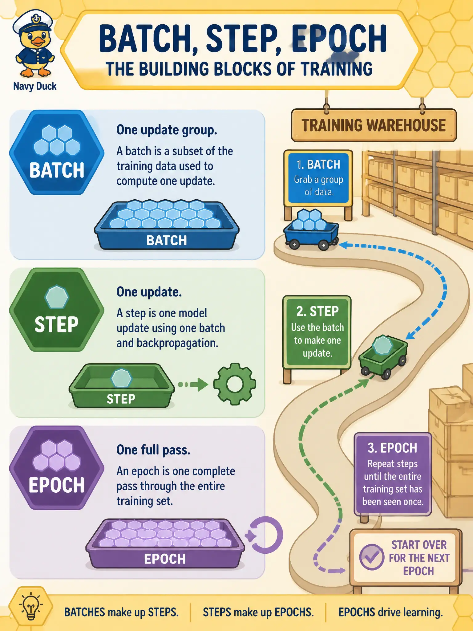 To Create an exciting colorful infographic that explains the concepts in the question: Question: A honey-house desk trains on comb photos with harvest notes. One volunteer calls every single comb “an epoch,” and another calls a shuffled tray of sixteen pairs “the whole dataset.” Which assignment is correct? Correct Answer: A batch is one update’s worth of pairs; an epoch is one full pass through the training set. Put EVERY visible label in double quotes. No people. No A/B/C/D letters. In one of the four corners put a little "Navy Duck".
