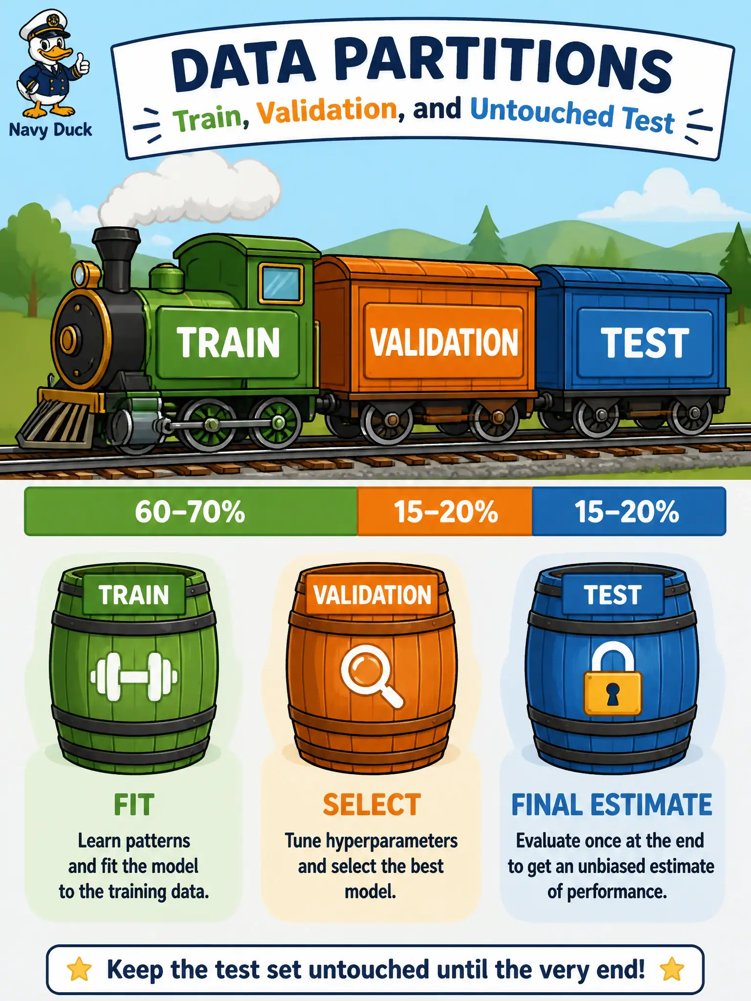 To Create an exciting colorful infographic that explains the concepts in the question: Question: A rum rickhouse intern wants to tune every knob on the same barrel-end photos that will later be called “the test.” Why keep training, validation, and a final untouched split separate? Correct Answer: Training fits the model, validation guides selection, and an untouched test estimates final performance without selection contamination. Put EVERY visible label in double quotes. No people. No A/B/C/D letters. In one of the four corners put a little "Navy Duck".