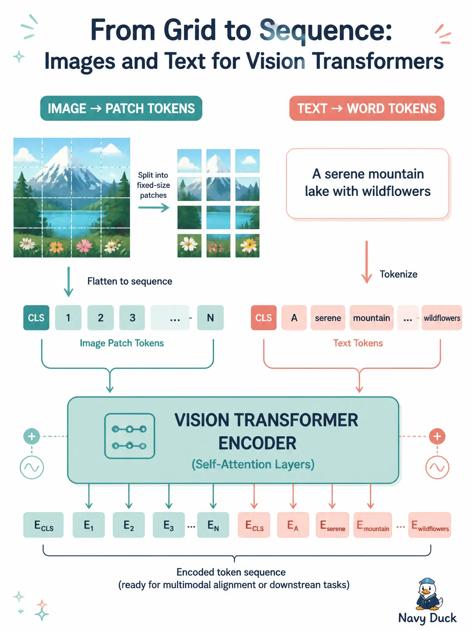 To Create an exciting colorful infographic that explains the concepts in the question: Question: A map-archive wants the same transformer family that reads catalog sentences to also read a sheet by cutting it into patches. What architecture idea is that? Correct Answer: Treat the still as a sequence of patch tokens so a transformer can act as a vision encoder. Put EVERY visible label in double quotes. No people. No A/B/C/D letters. In one of the four corners put a little "Navy Duck".