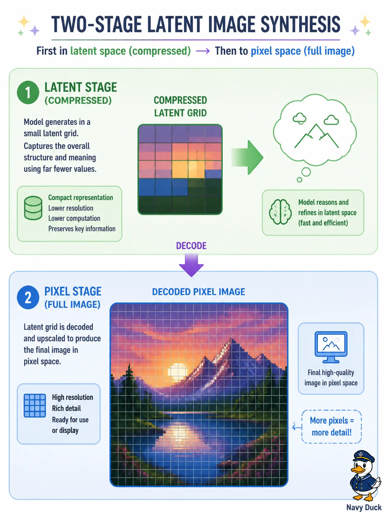 To Create an exciting colorful infographic that explains the concepts in the question: Question: A telescope-grinding shop hears that high-resolution synthesis often works in a compressed stage and then decodes to pixels. What architecture awareness does that describe? Correct Answer: Two-stage / latent image synthesis: generate in a compressed space, then decode to pixels. Put EVERY visible label in double quotes. No people. No A/B/C/D letters. In one of the four corners put a little "Navy Duck".